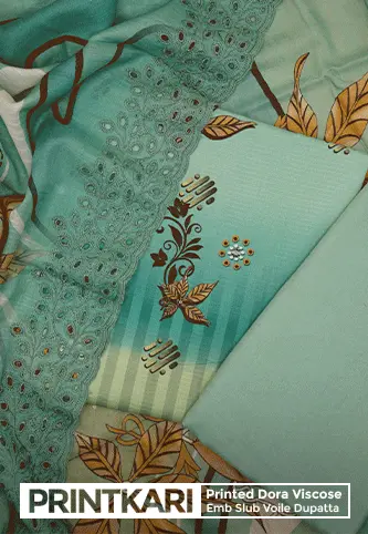 Printkari Unstitch Printed Viscose Collection with Emb Slub Voile Dupatta