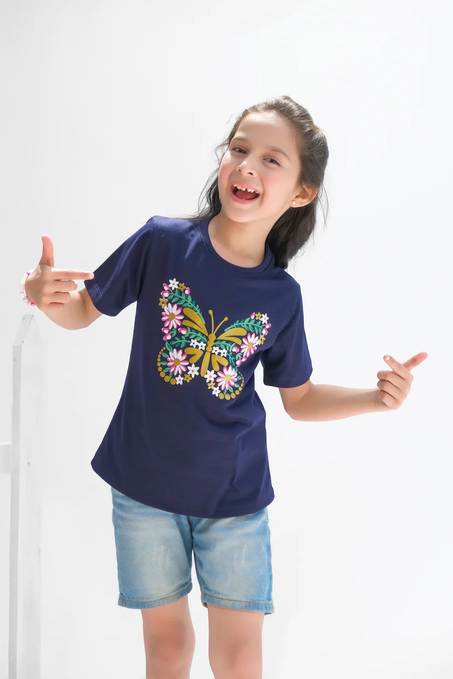 Flowers Pattern Butterfly Half Sleeves T-Shirts For Kids - Navy Blue