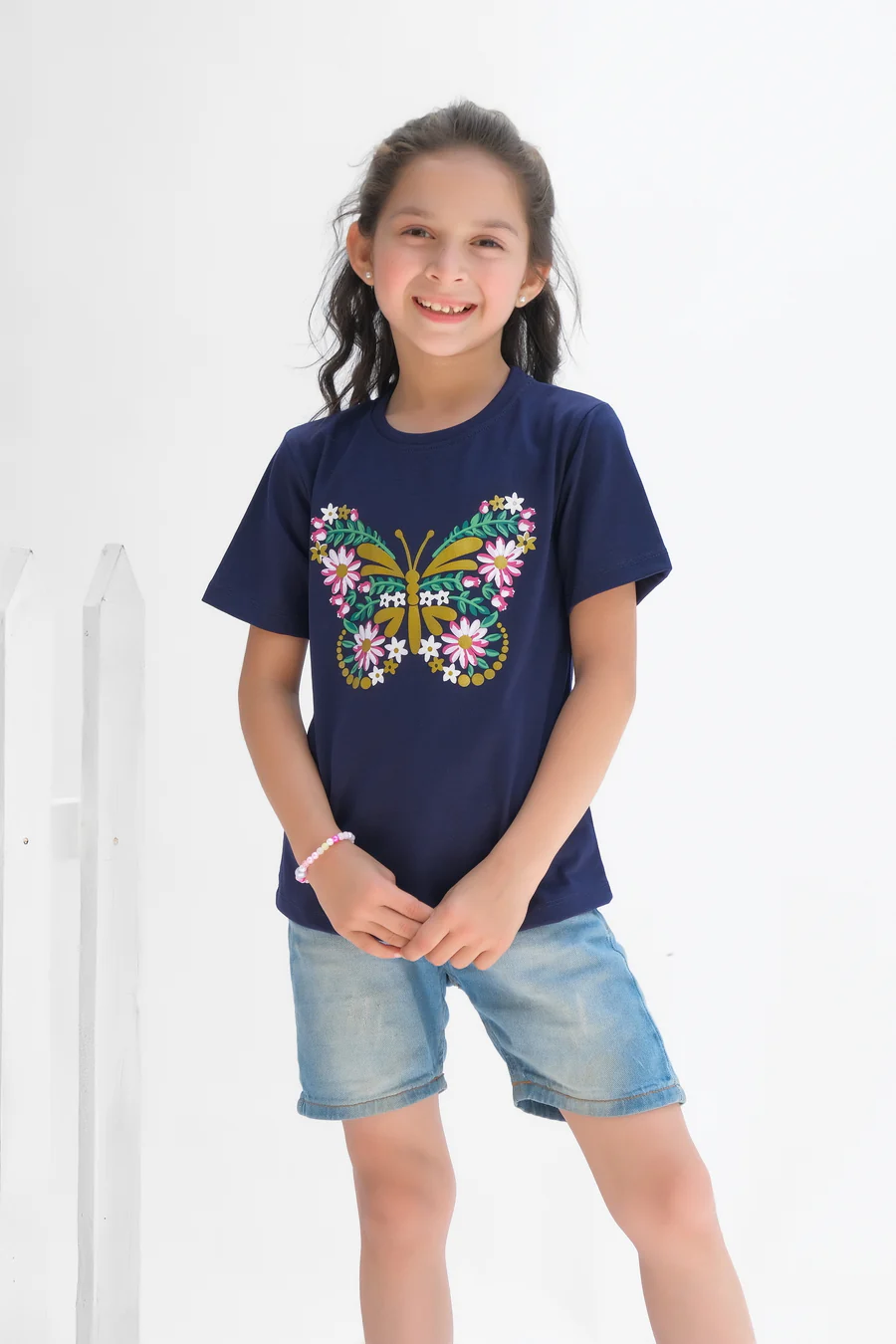 Flowers Pattern Butterfly Half Sleeves T-Shirts For Kids - Navy Blue