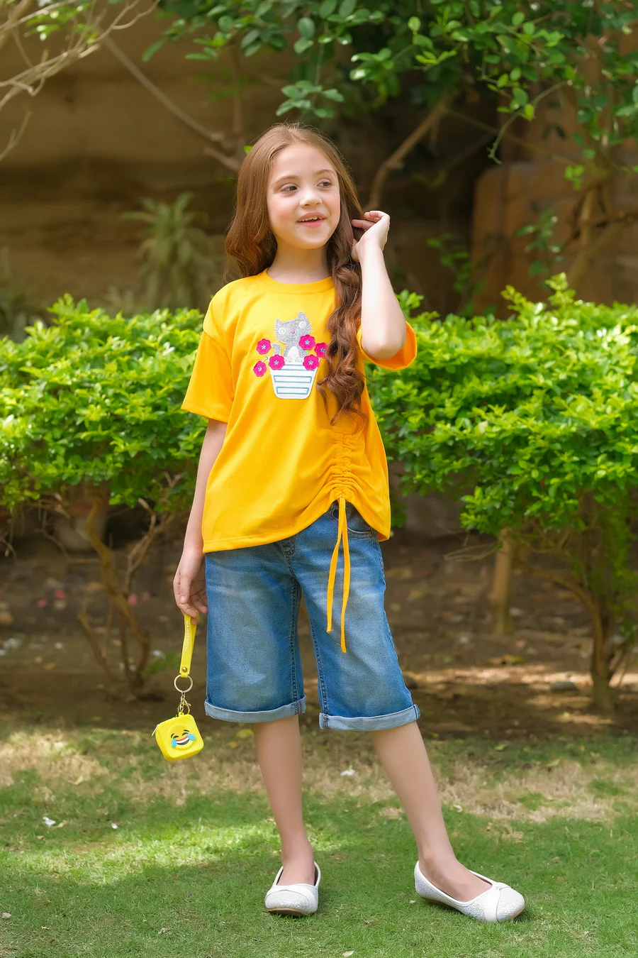 Kitty With Embroidery - Half Sleeves T-Shirts For Kids - Yellow