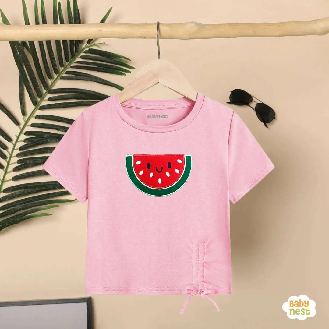 Watermelon With Embroidery - Half Sleeves T-Shirts For Kids - Pink - SBT-358