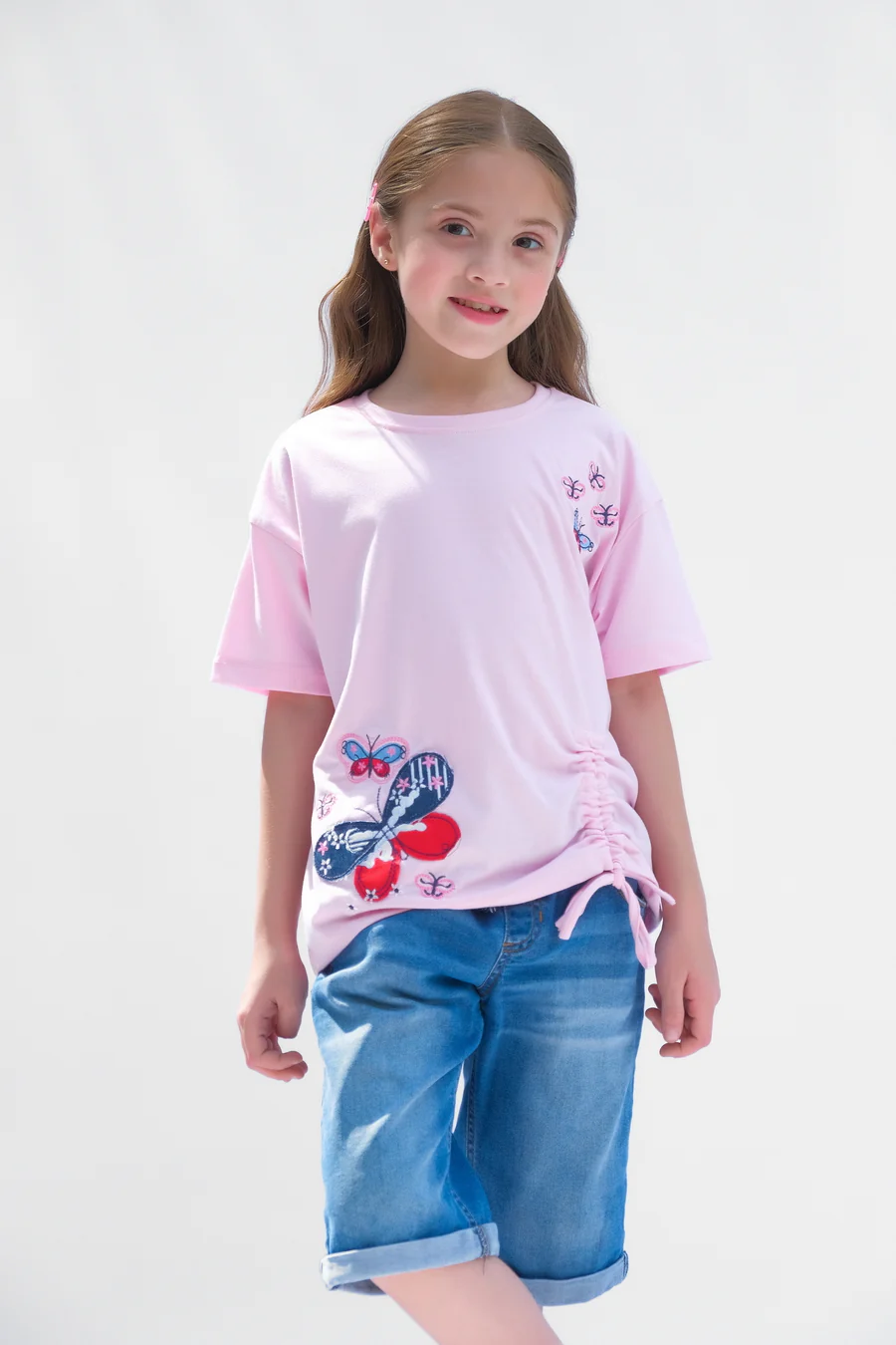 Butterfly With Embroidery - Half Sleeves T-Shirts For Kids - Pink - SBT-362