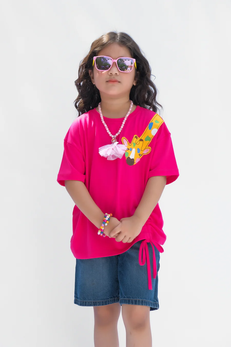 Giraffe With Embroidery - Half Sleeves T-Shirts For Kids - Dark Pink - SBT-365