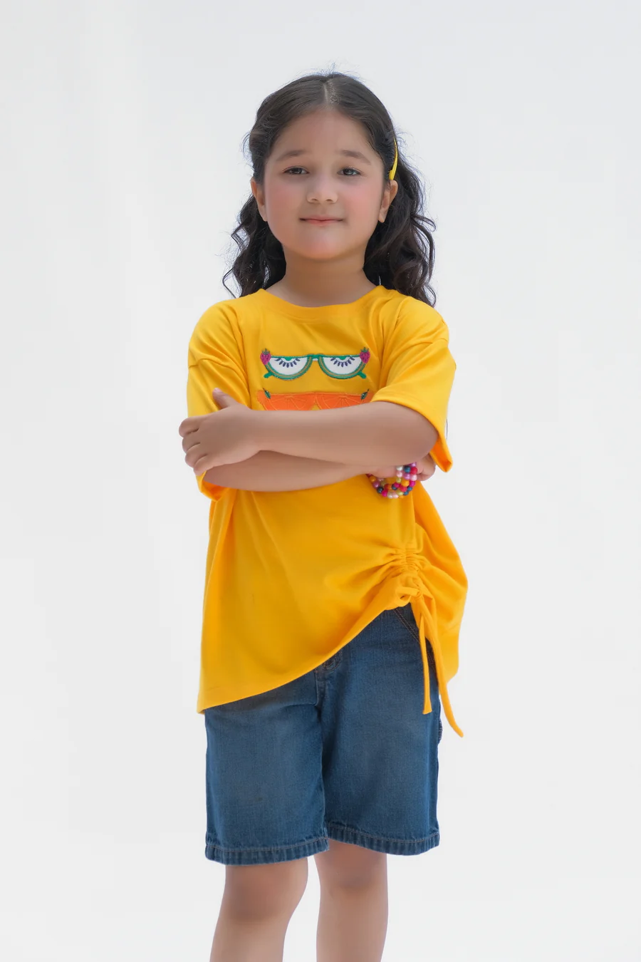 Glasses With Embroidery - Half Sleeves T-Shirts For Kids - Yellow - SBT-364