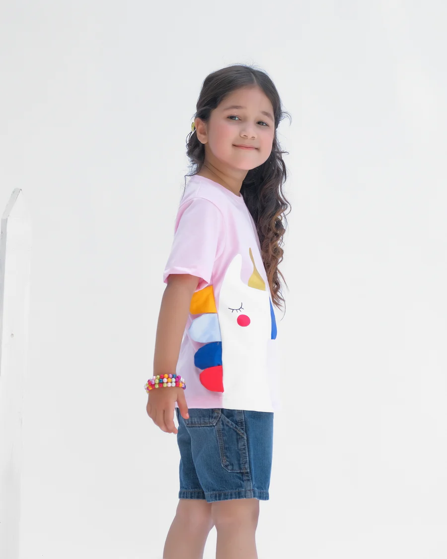 Big Unicorn Half Sleeves T-Shirts For Kids - Light Pink