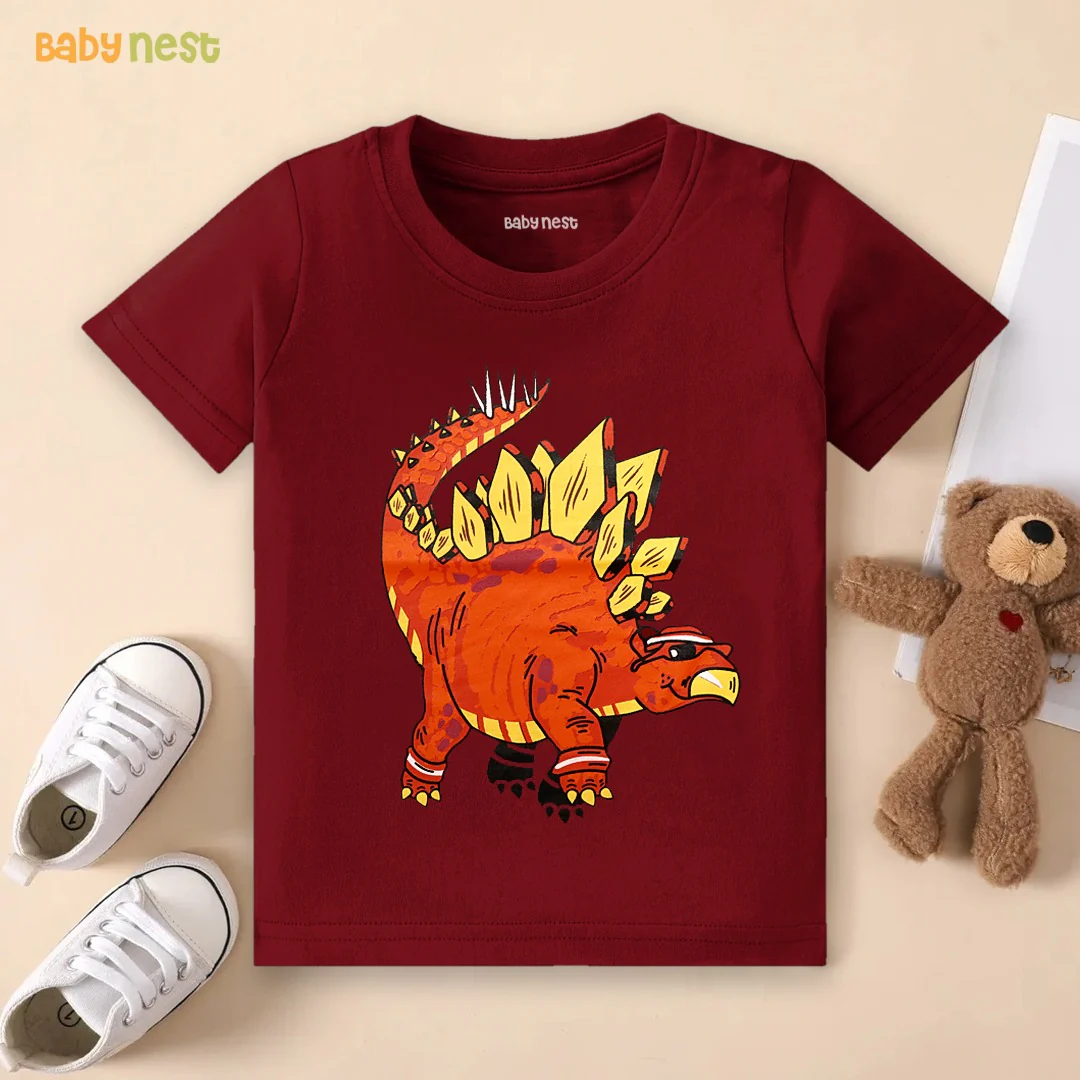 Stylish Dino - Half Sleeves T-Shirts For Kids - Maroon