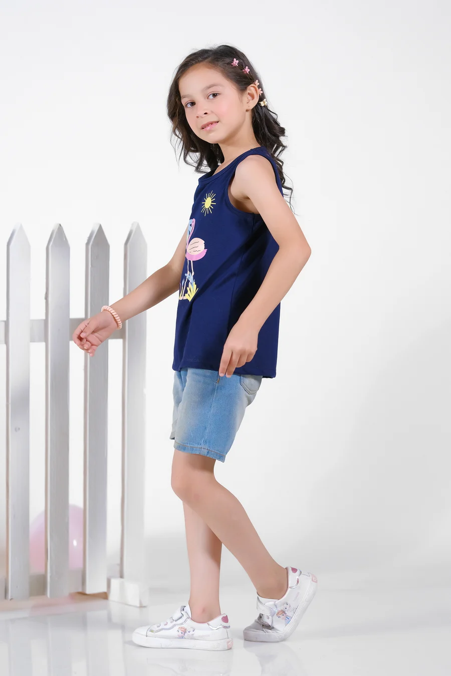 Summer Flamingos Printed Sandos For Girls - Navy