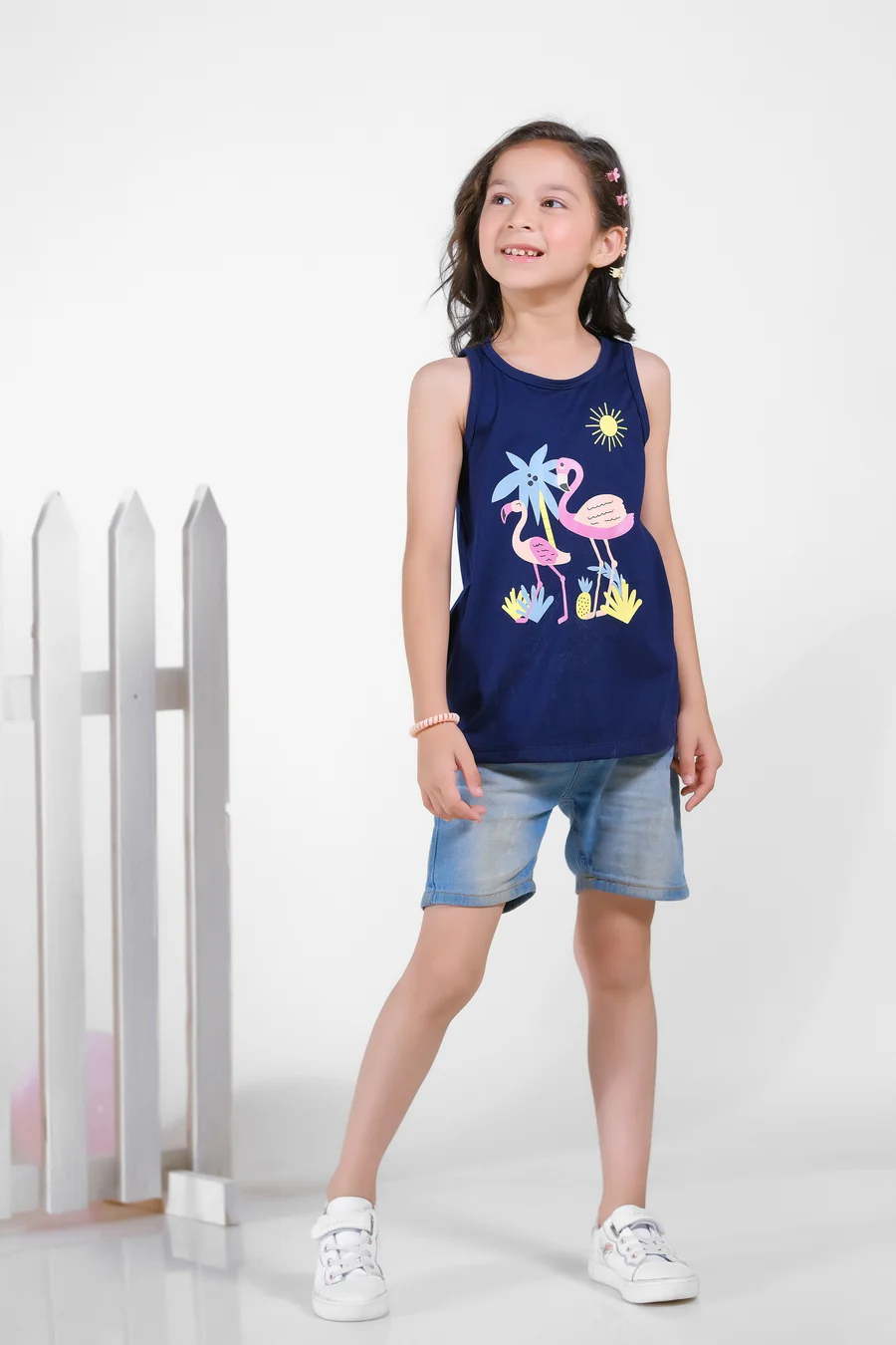 Summer Flamingos Printed Sandos For Girls - Navy