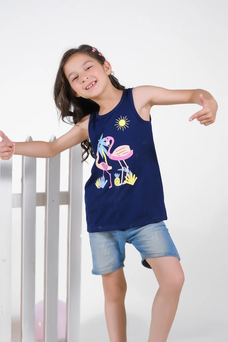 Summer Flamingos Printed Sandos For Girls - Navy