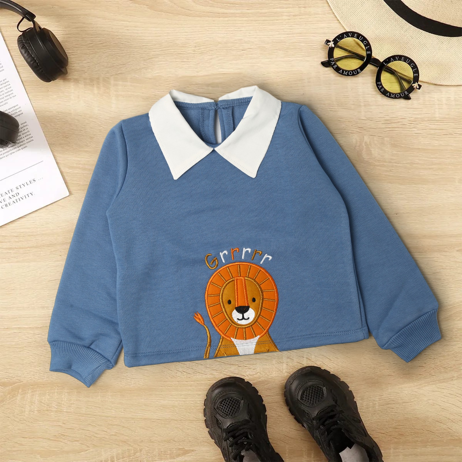 Collar Embroidery Sweatshirt for Kids - Blue