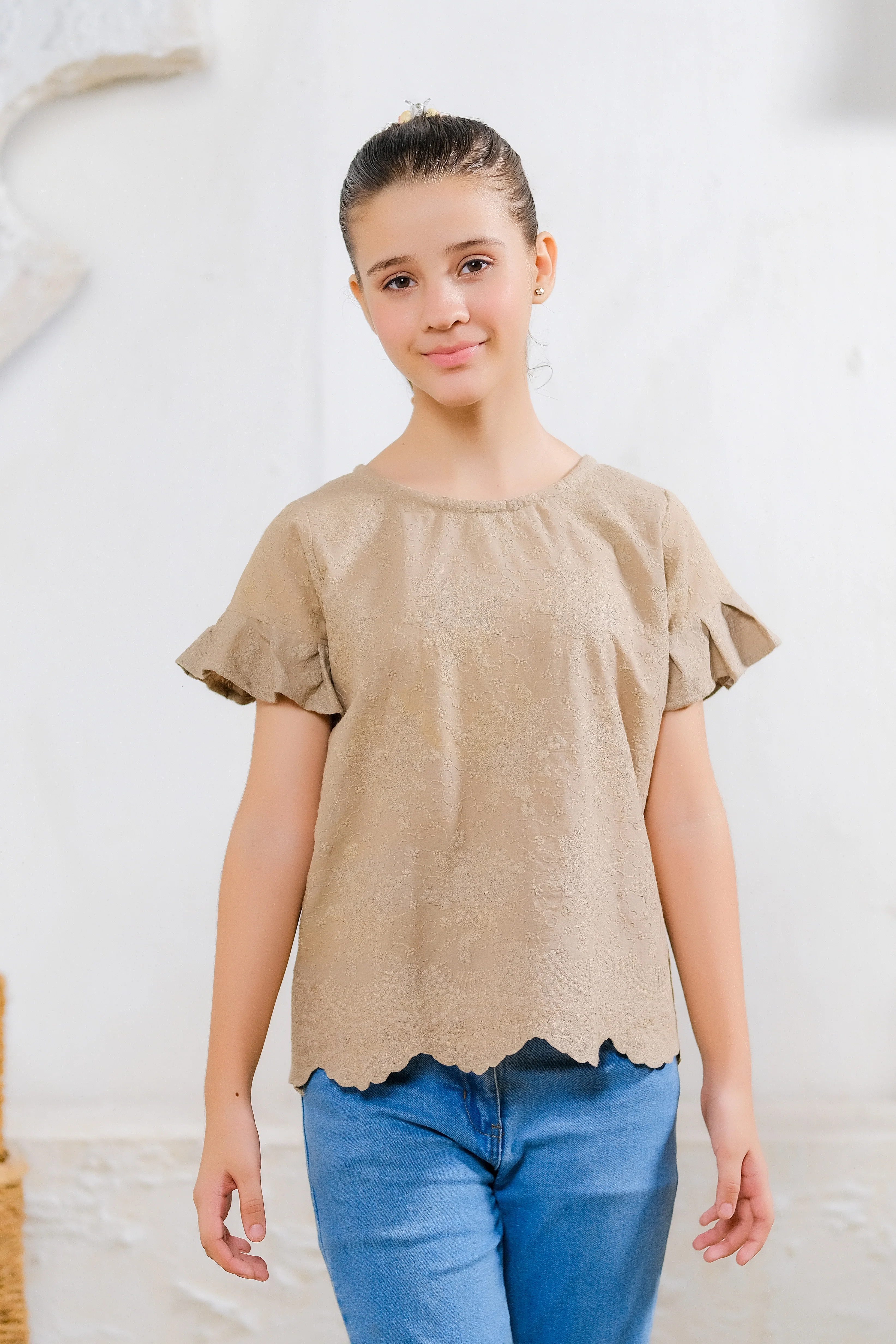 Kids Shirts & Tops - Beige Scallop Hem Top