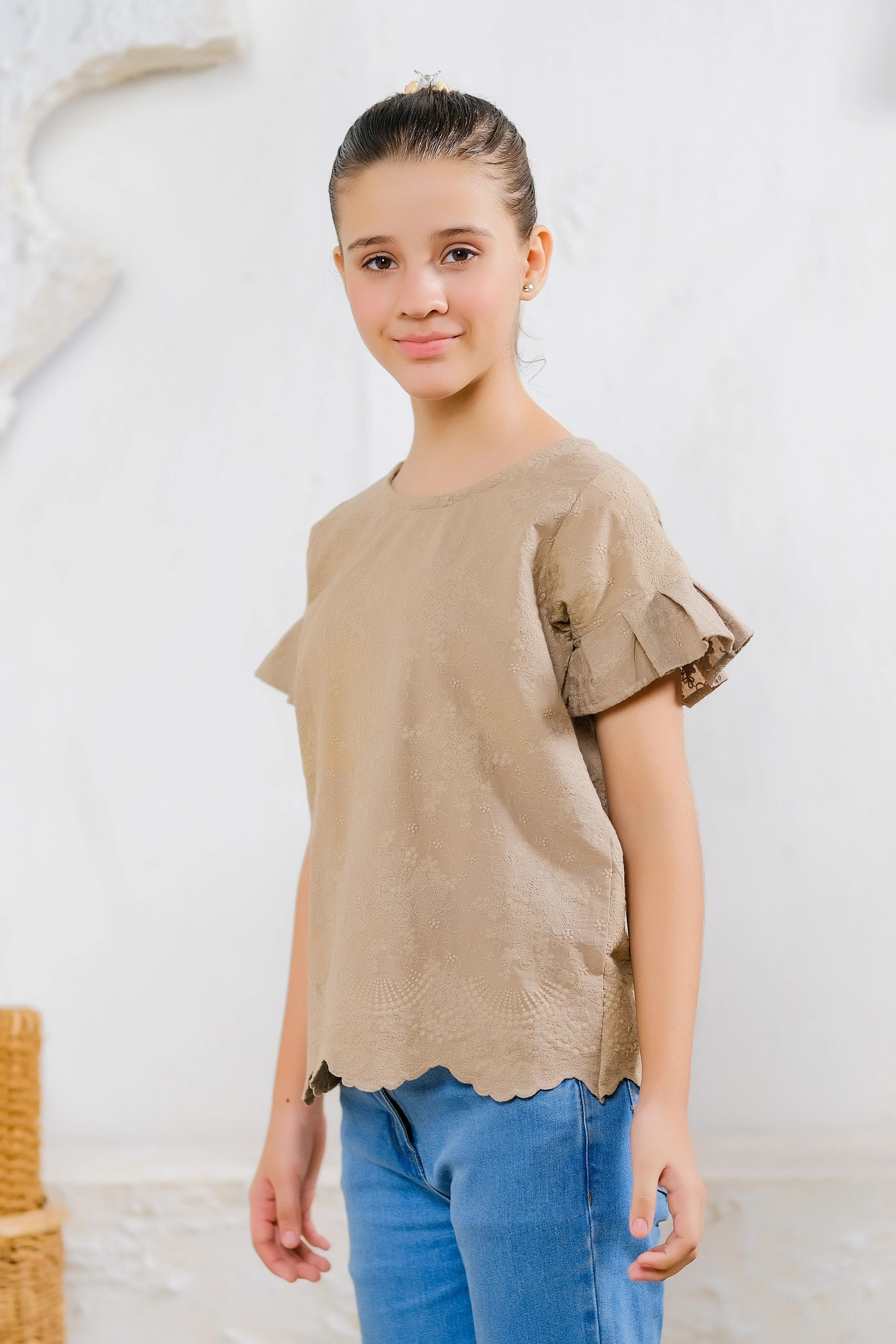 Kids Shirts & Tops - Beige Scallop Hem Top