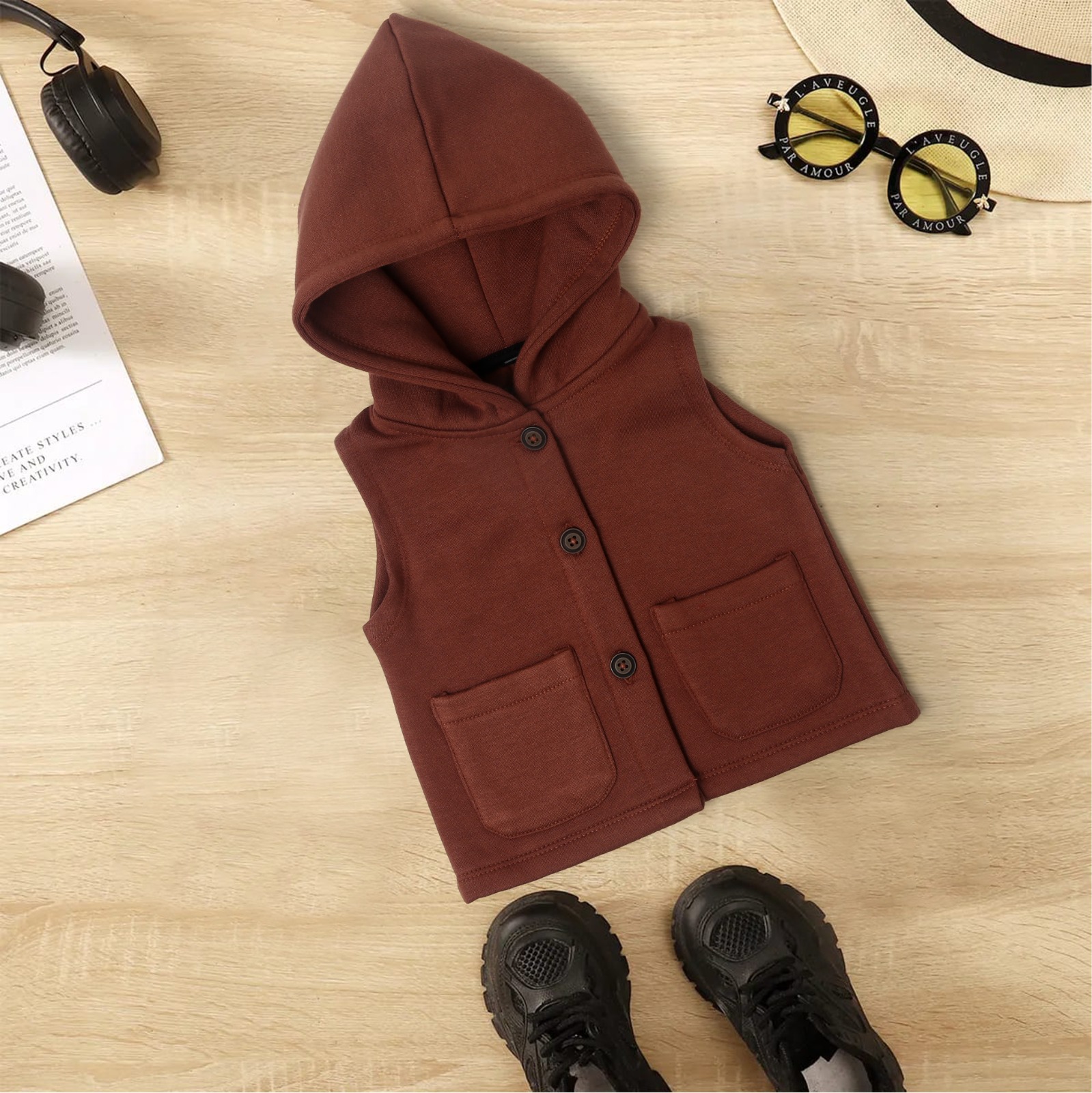 Fleece Hooded Vest - Khaki