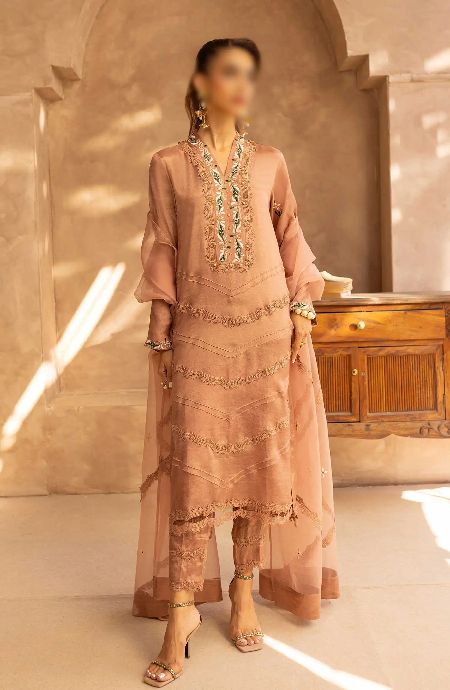 Merakish Zunairi Raw Silk Hand Work Embellished Collection - Camel