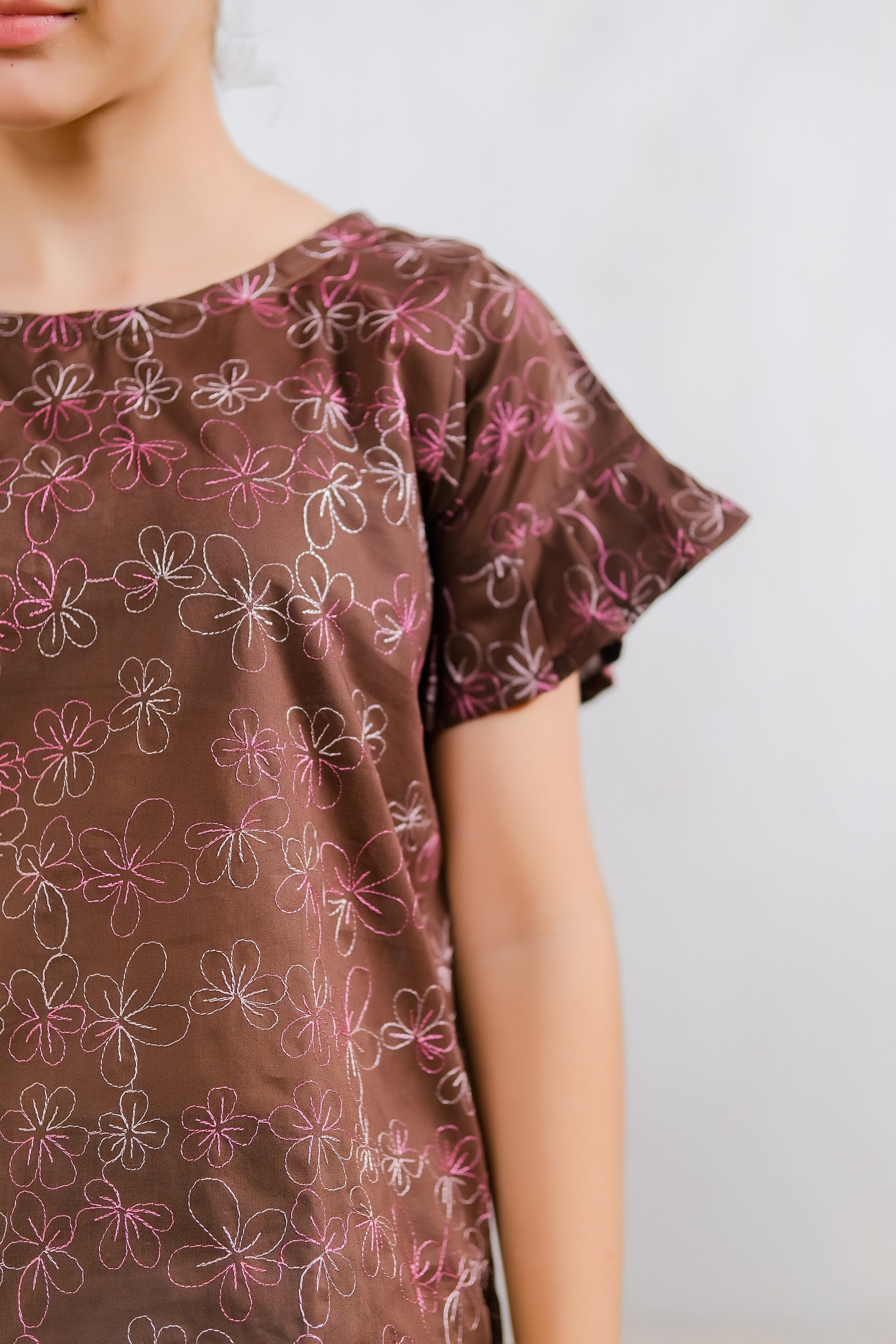 Kids Shirts & Tops - Chocolate Floral Embroidered Top