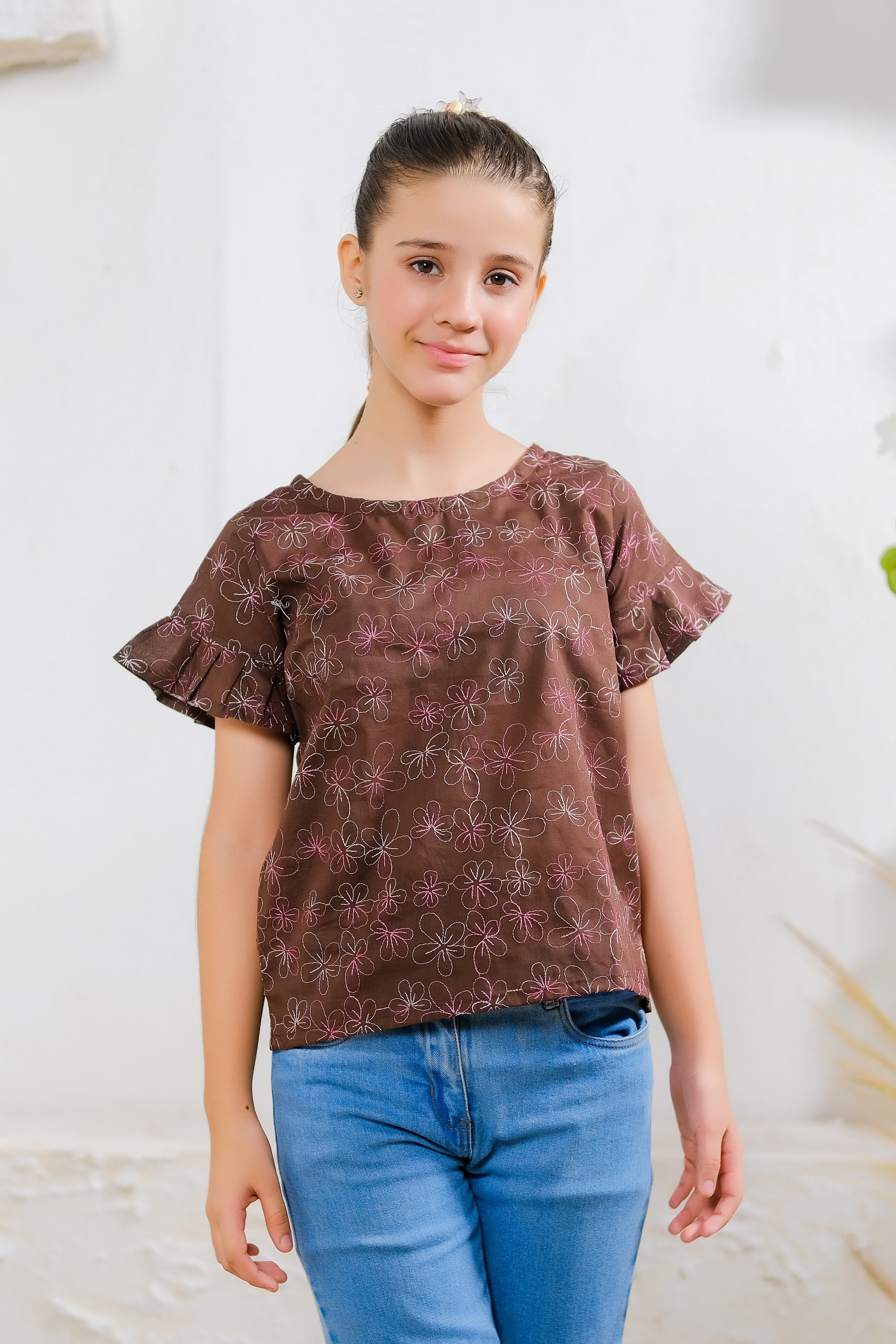 Kids Shirts & Tops - Chocolate Floral Embroidered Top