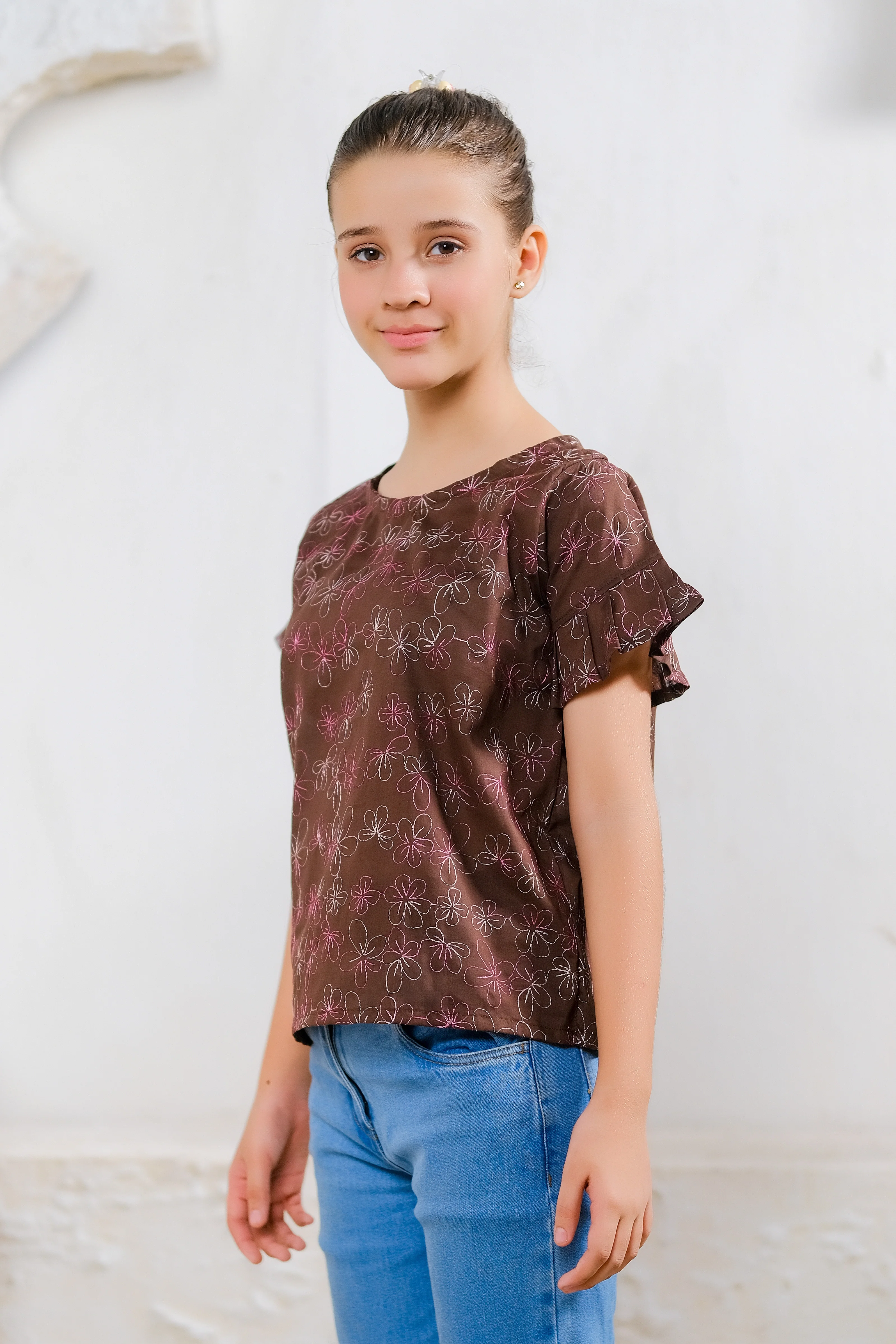 Kids Shirts & Tops - Chocolate Floral Embroidered Top