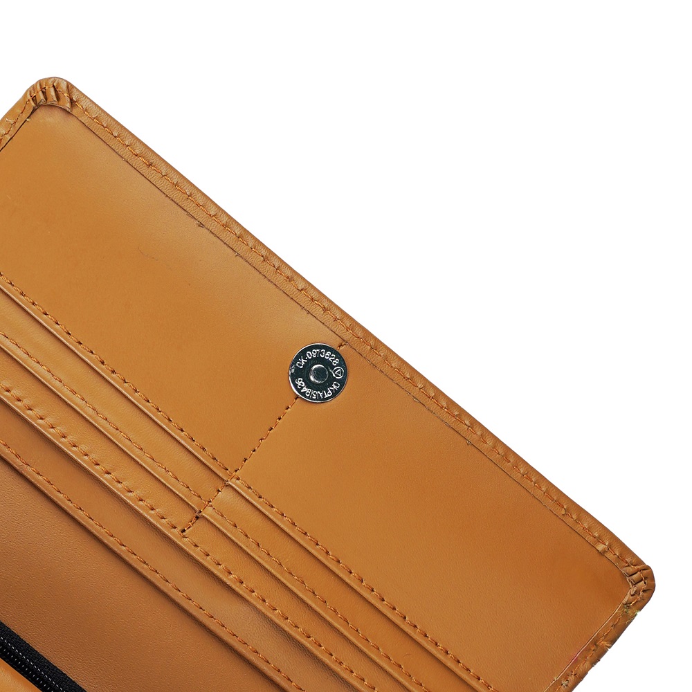 Women Round Stripe Leather Clutch Long Wallet PIPIN CAMEL 