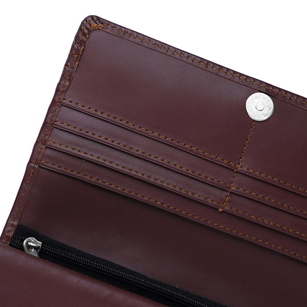 Women Round Stripe Leather Clutch Long Wallet PIPIN BURGUNDY 