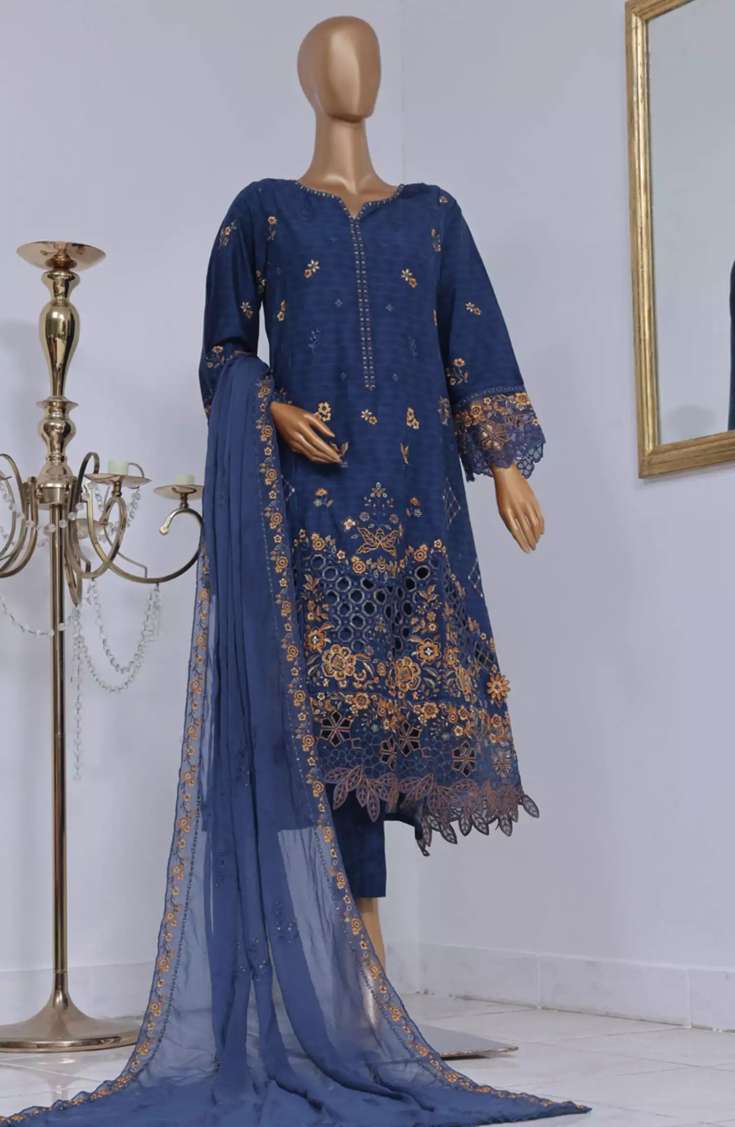 Bin Saeed Luxury Self Embroidered Frock 3 Pc Collection - Design 08