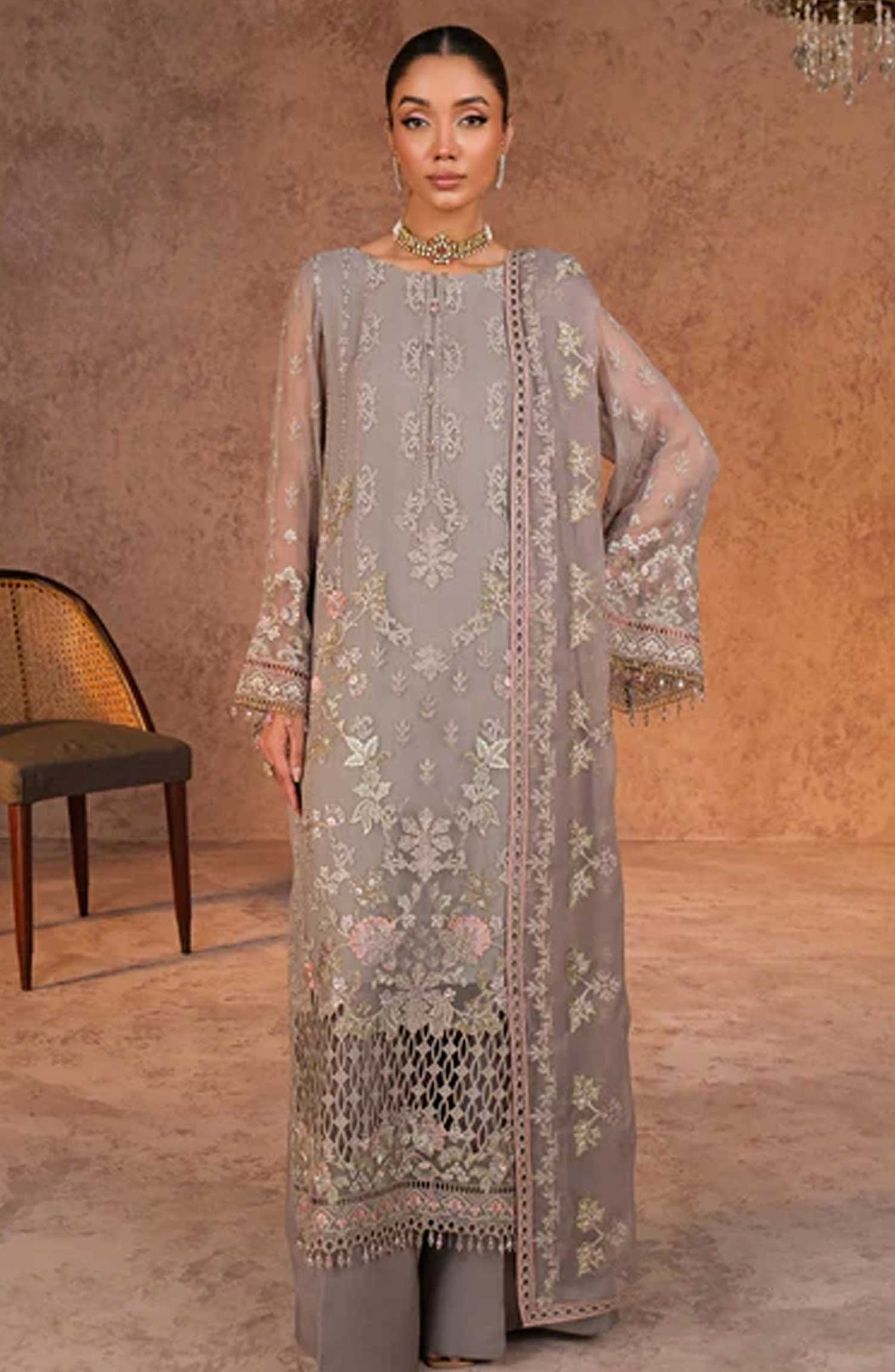 Lamisah Luxury Chiffon Unstitched Collection By Lavish Premium - Fossil