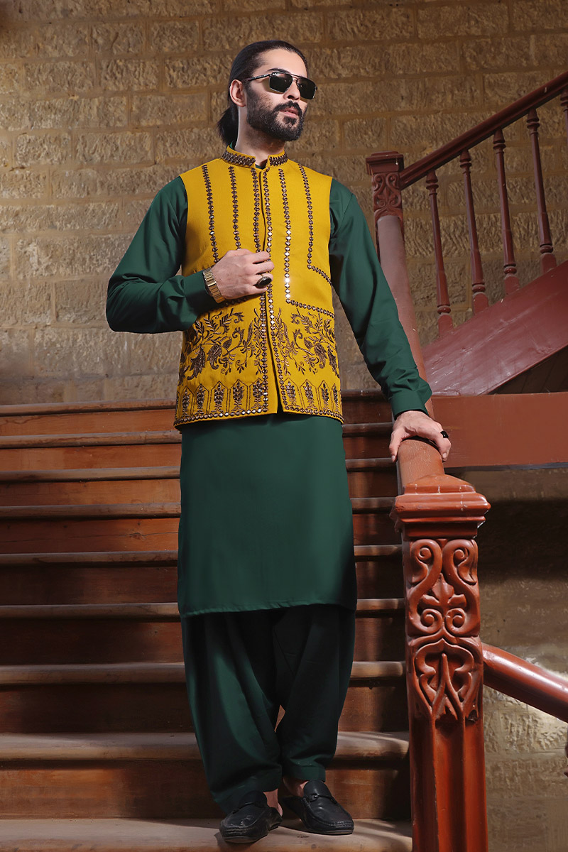 TGM Fancy 3 Pc Waist coat and Suit Collection - Golden Glow