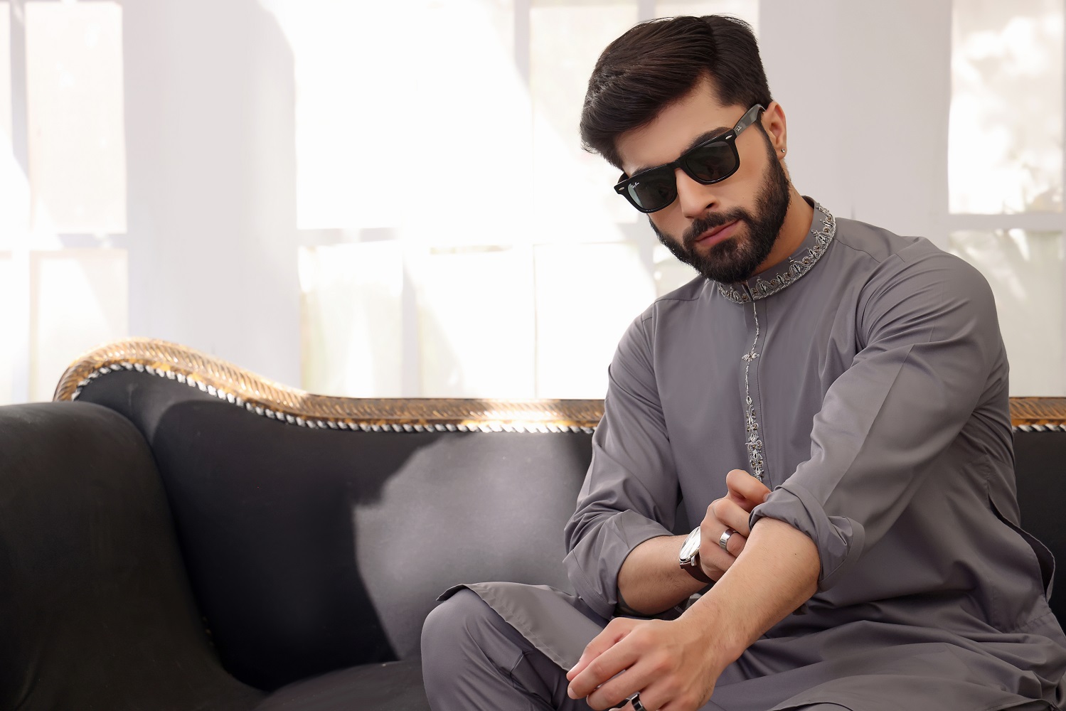 TGM Fancy Shalwar Kameez Grey Leaf