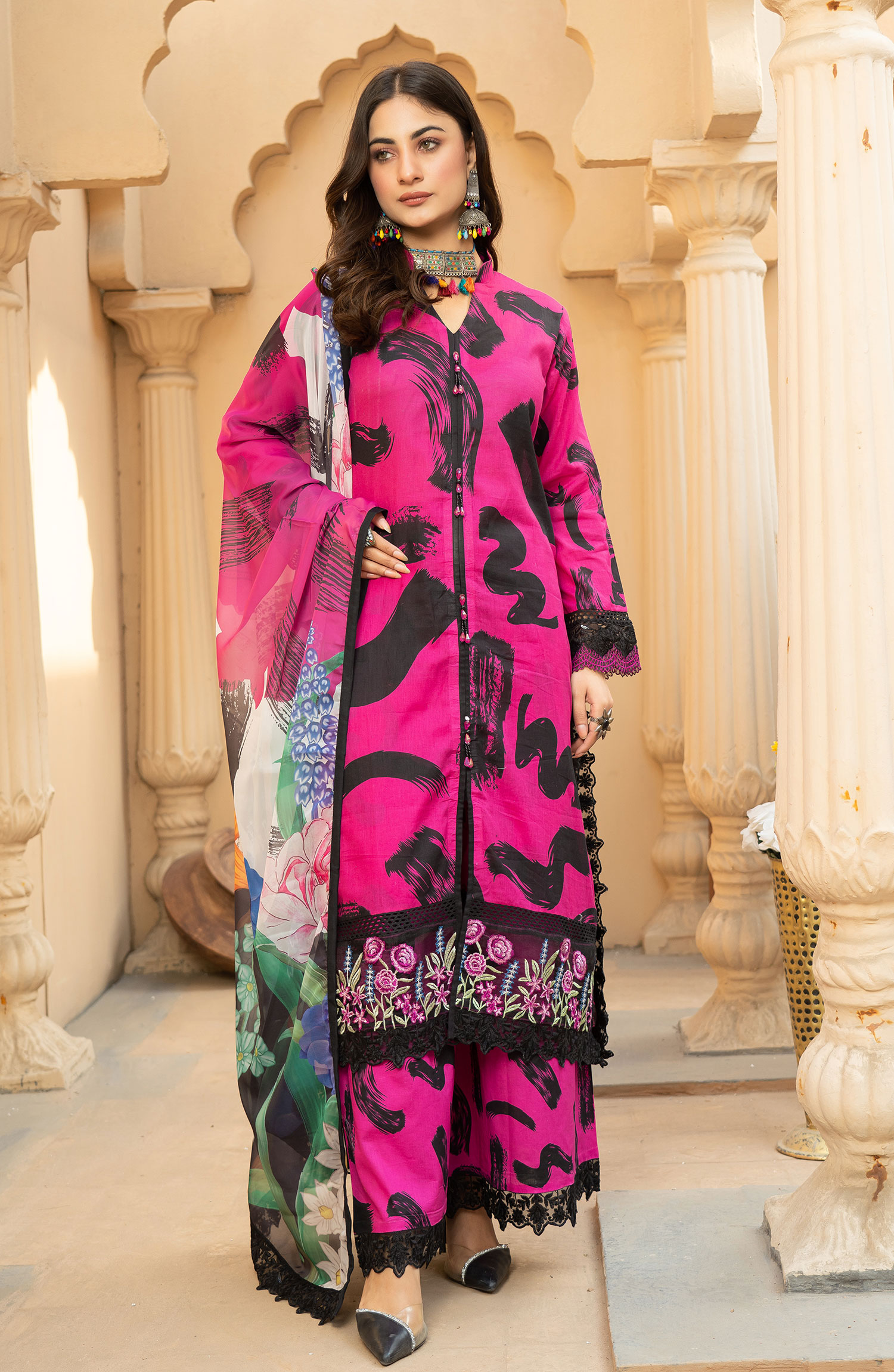 Raqs E Mughal Stitched Collection By AL Harir Apparel - Khushbo Shocking Pink