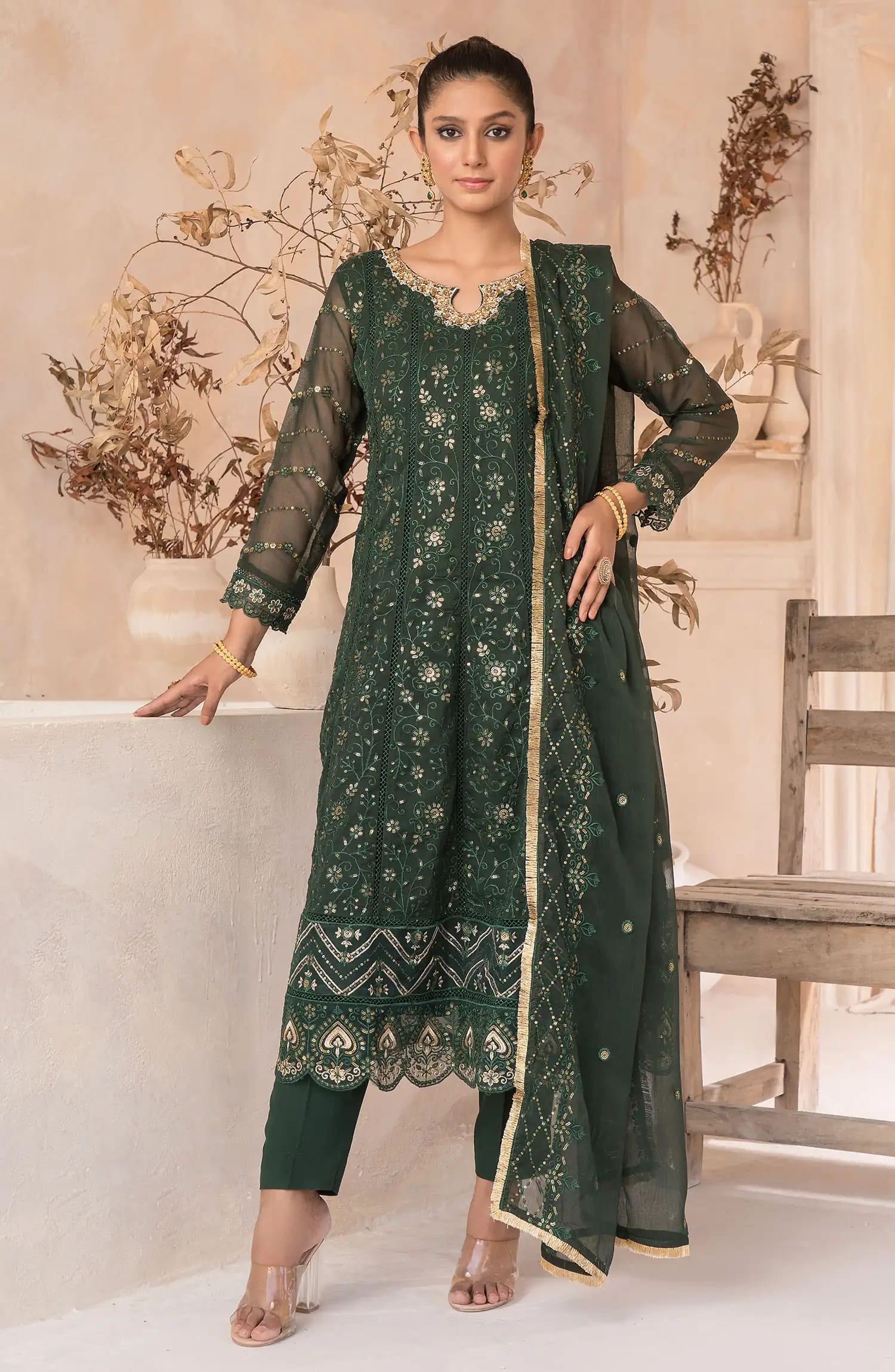 Roop Rang Stitched Collection By AL Harir Apparel-Mahi Bottle Green