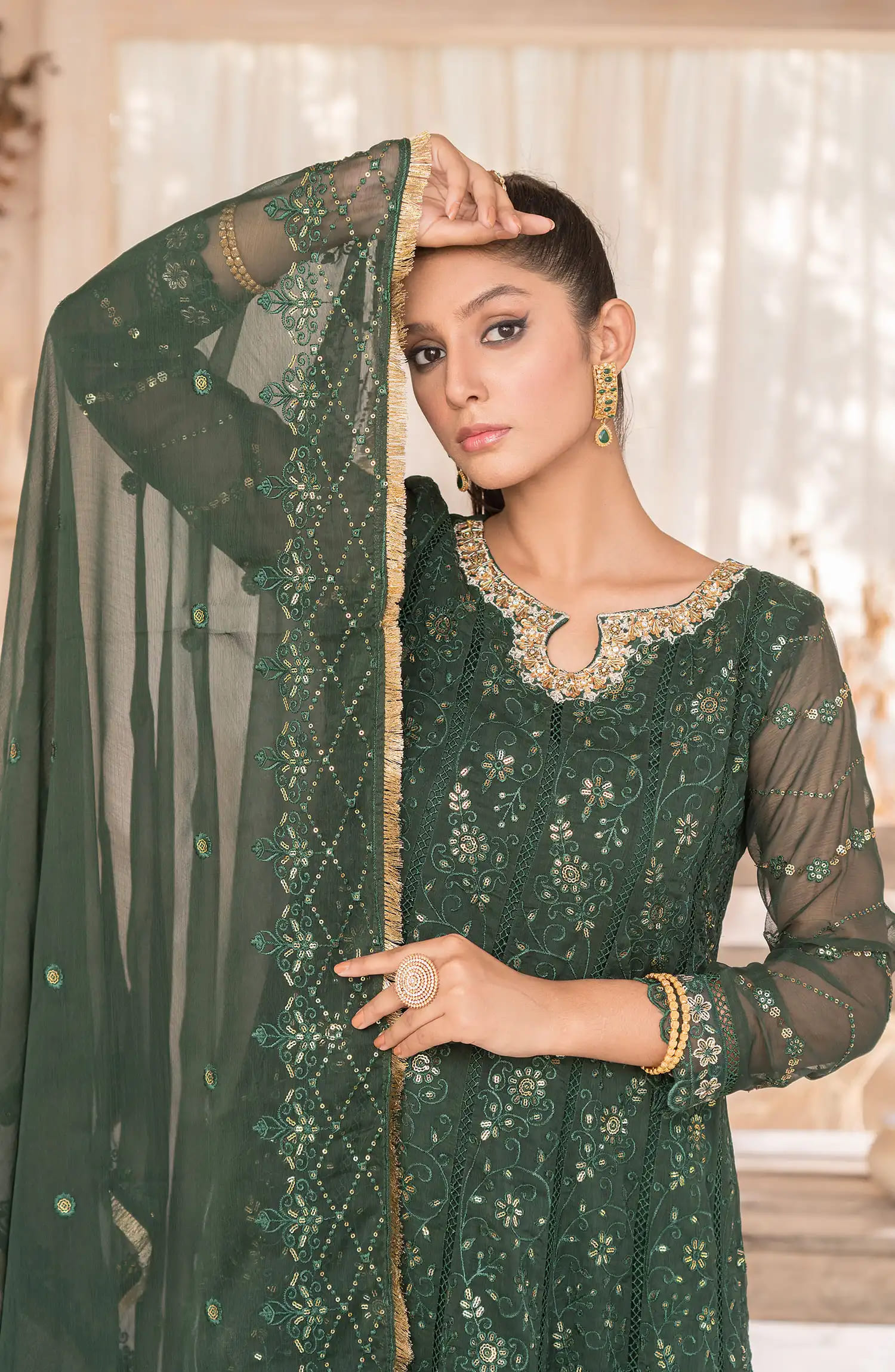 Roop Rang Stitched Collection By AL Harir Apparel-Mahi Bottle Green