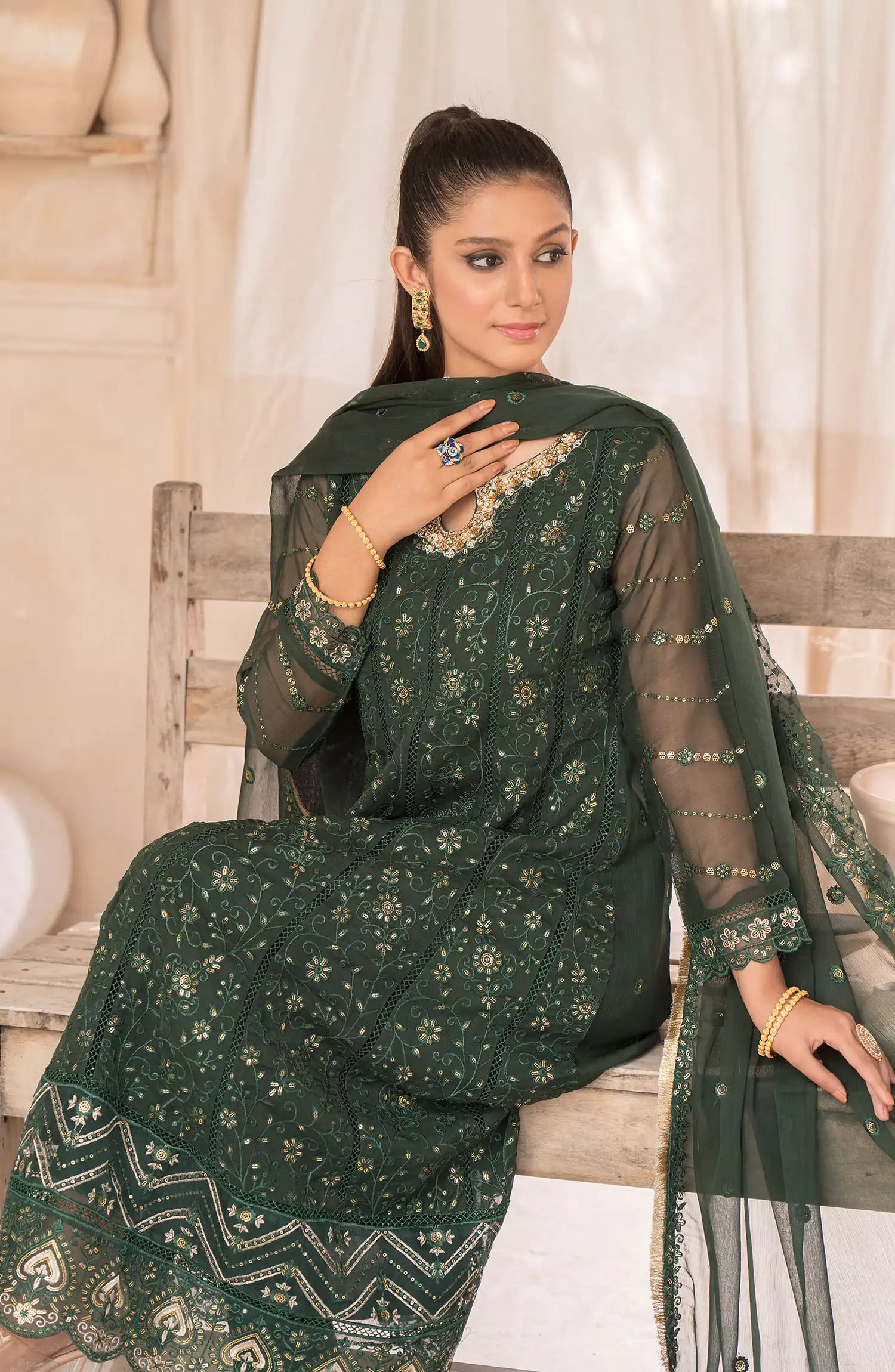 Roop Rang Stitched Collection By AL Harir Apparel-Mahi Bottle Green