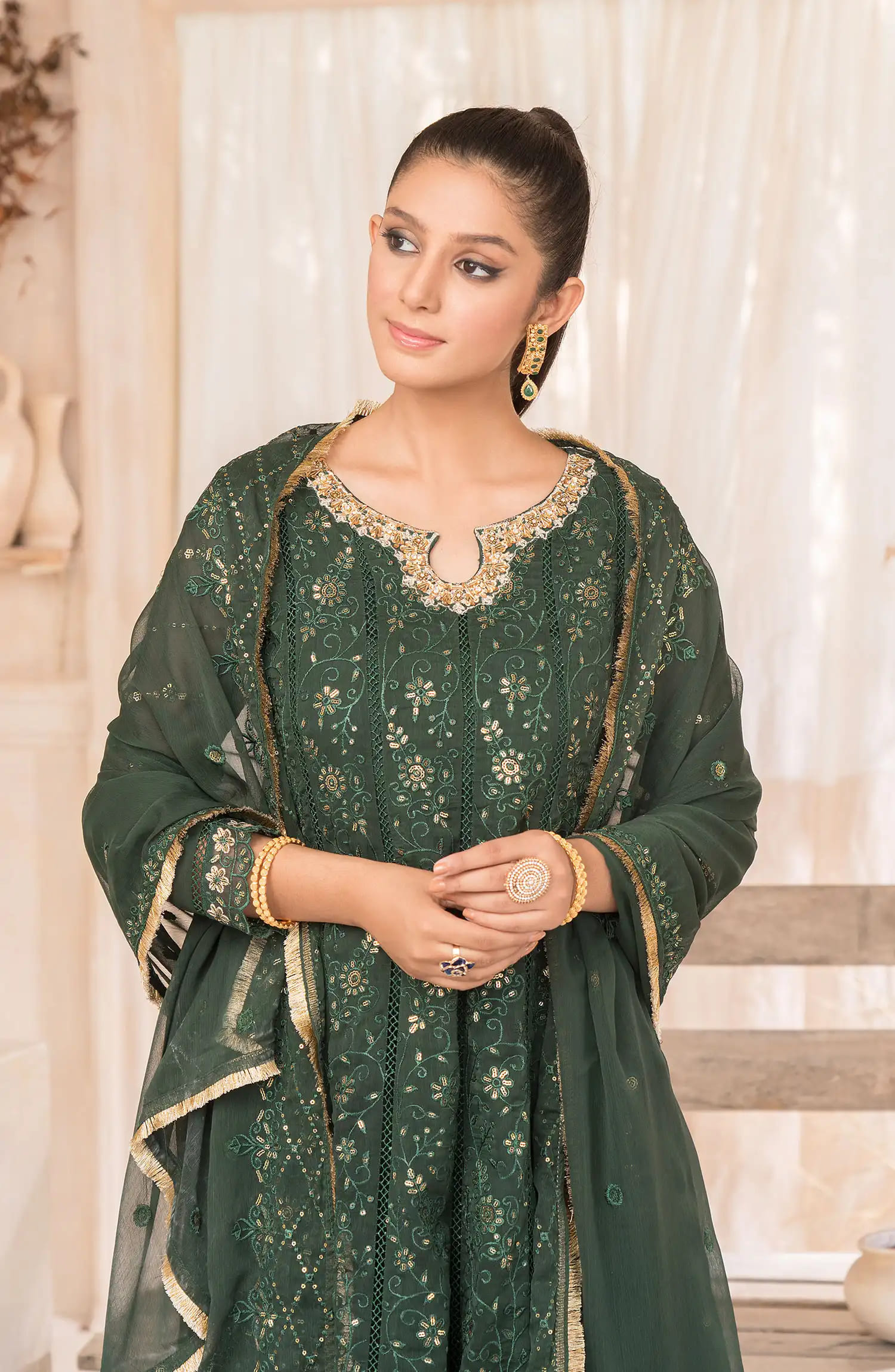 Roop Rang Stitched Collection By AL Harir Apparel-Mahi Bottle Green