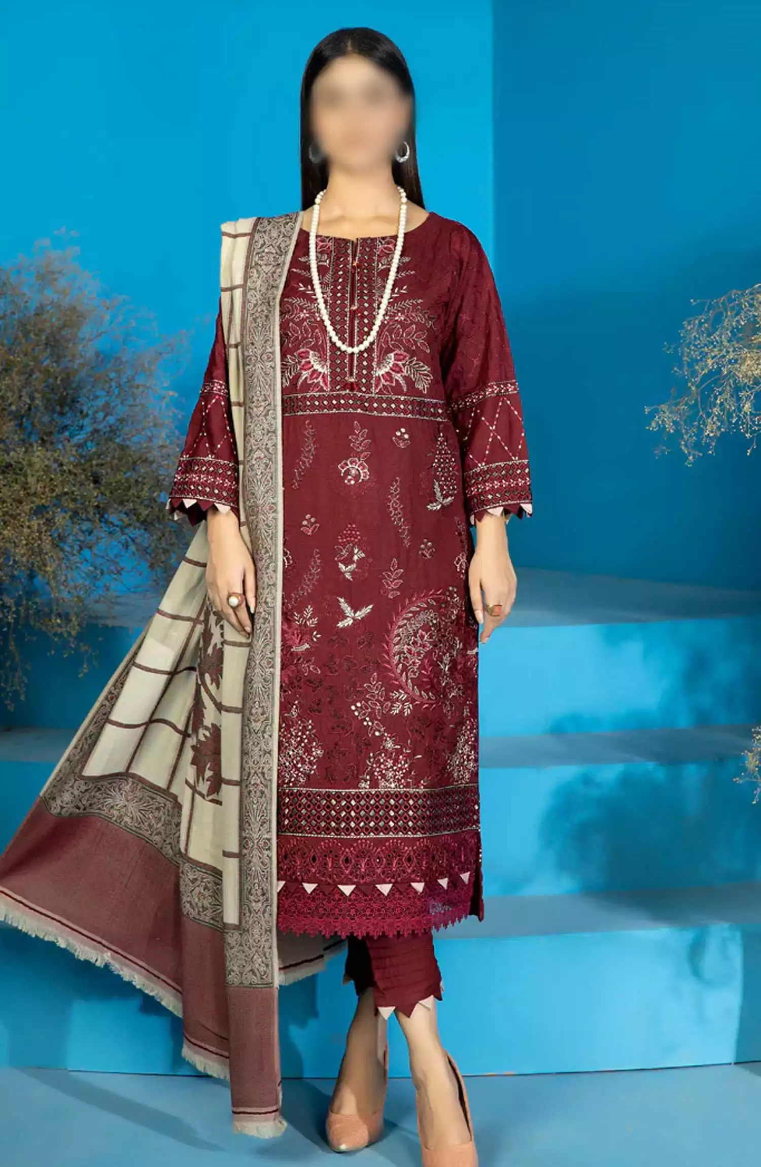 Marjjan Dyed Karandi Wool Embroidered Collection - MDS-68 (MEHROON)