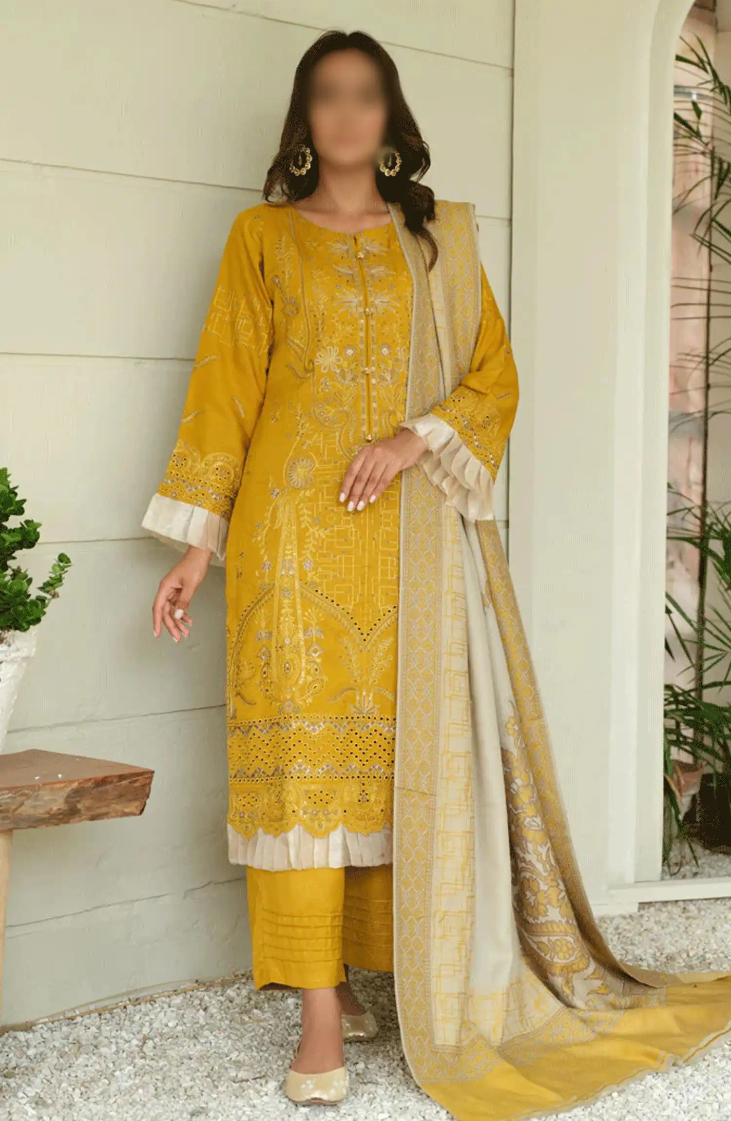 Sequins Embroidered Dyed Wool Collection with Self Weaver Wool Shawl by Marjjan - MDS-69 (MUSTARD)