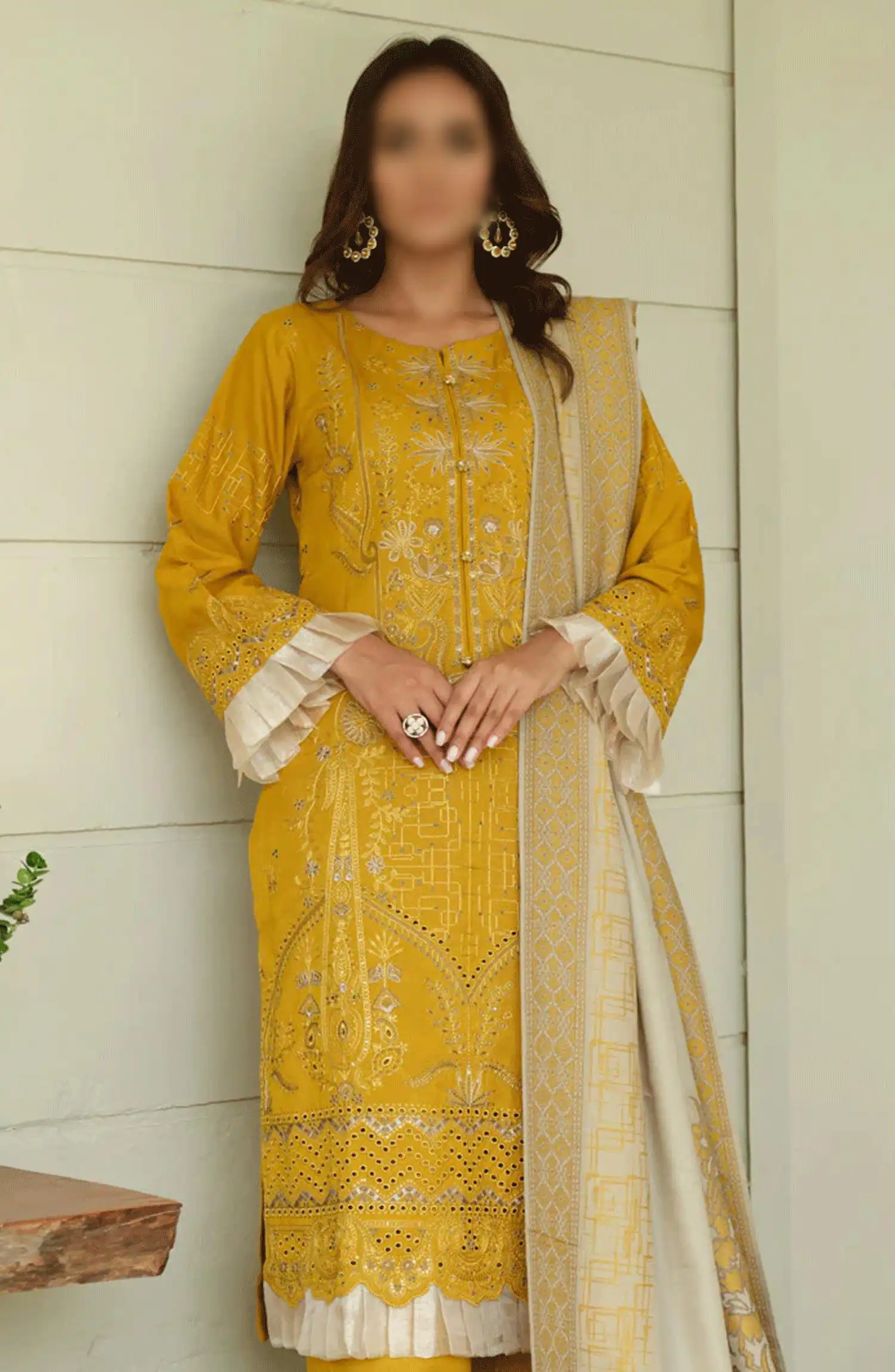 Sequins Embroidered Dyed Wool Collection with Self Weaver Wool Shawl by Marjjan - MDS-69 (MUSTARD)