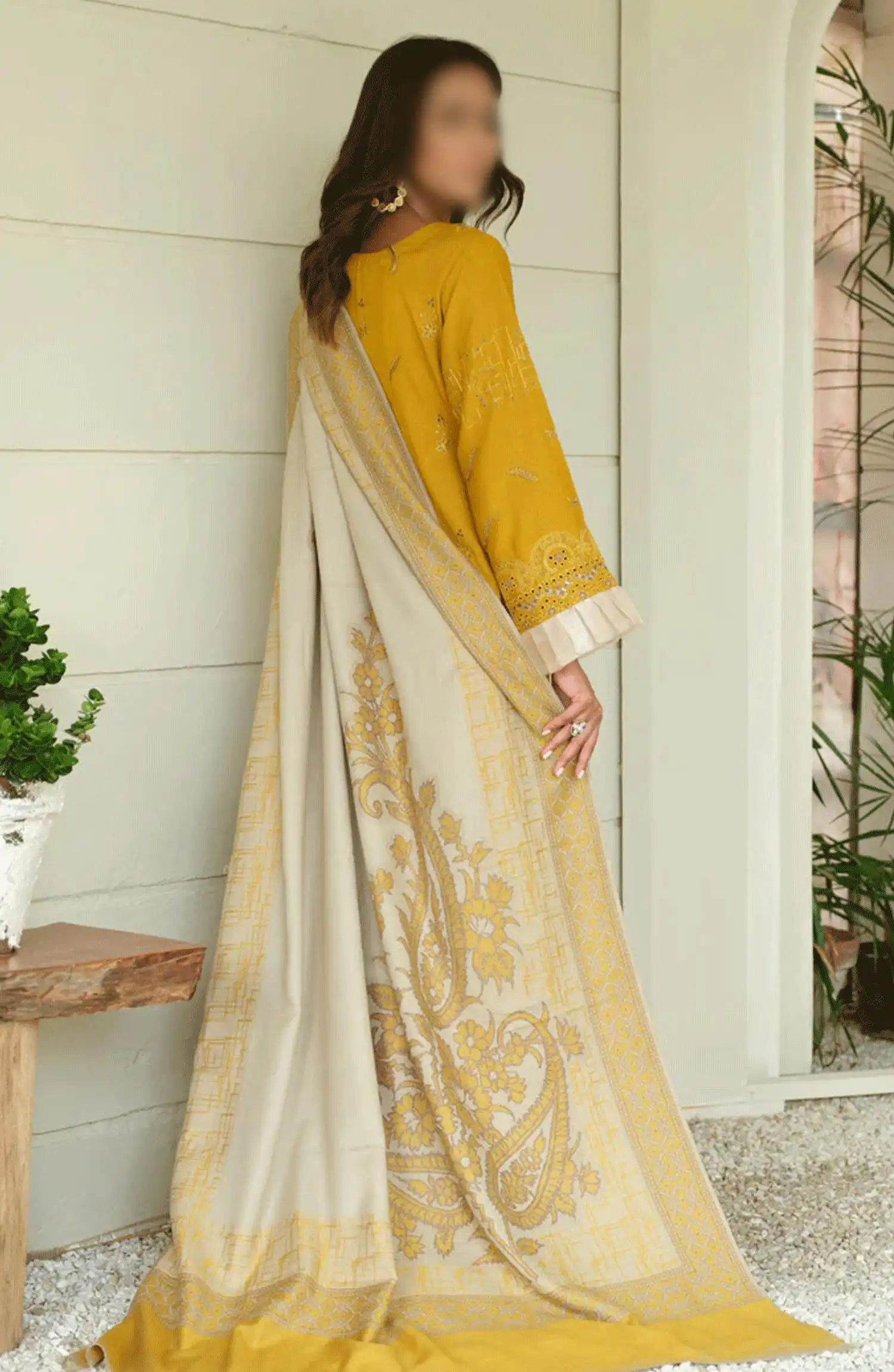 Sequins Embroidered Dyed Wool Collection with Self Weaver Wool Shawl by Marjjan - MDS-69 (MUSTARD)