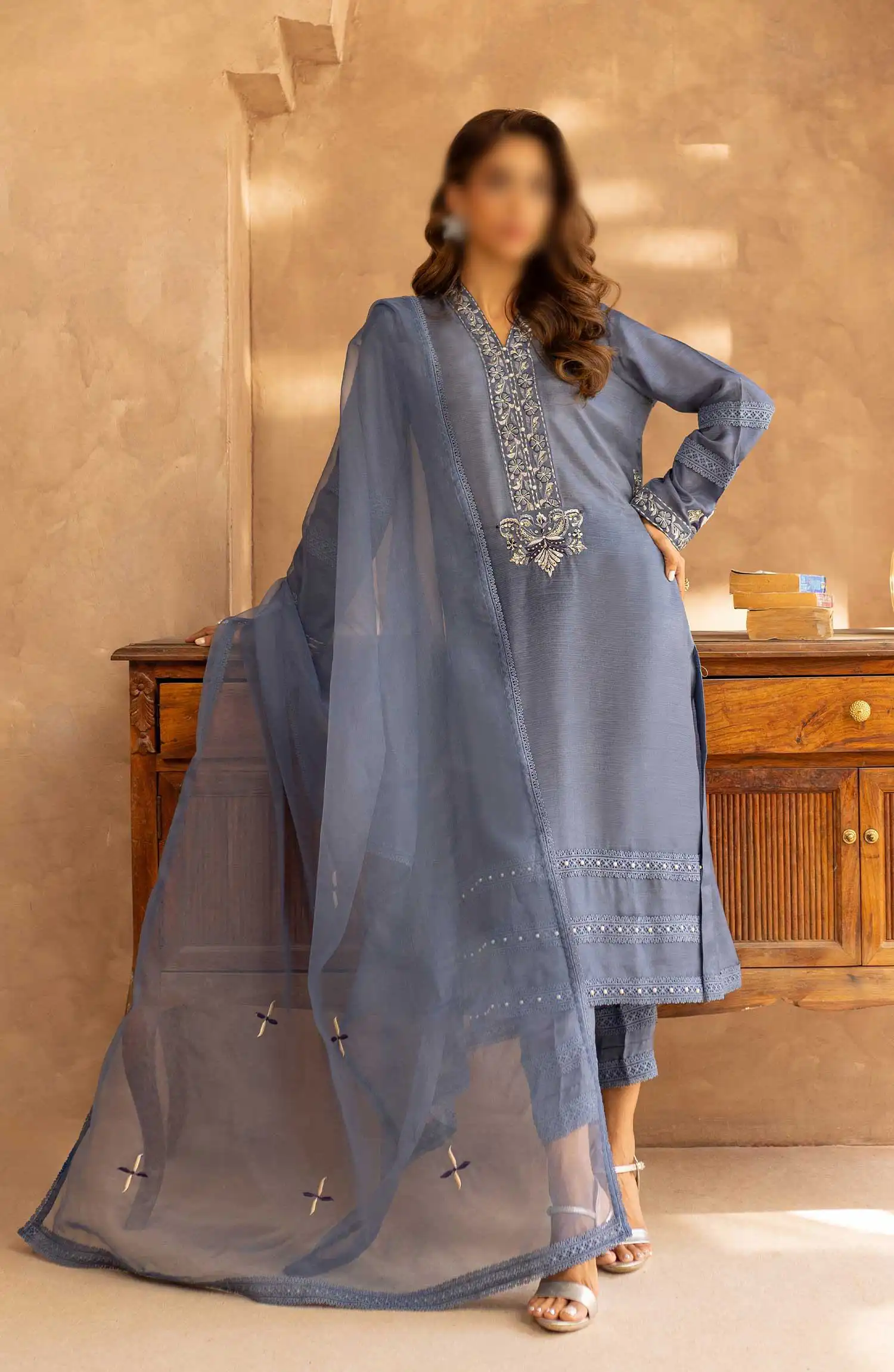 Merakish Zunairi Raw Silk Hand Work Embellished Collection - Moonslight blue