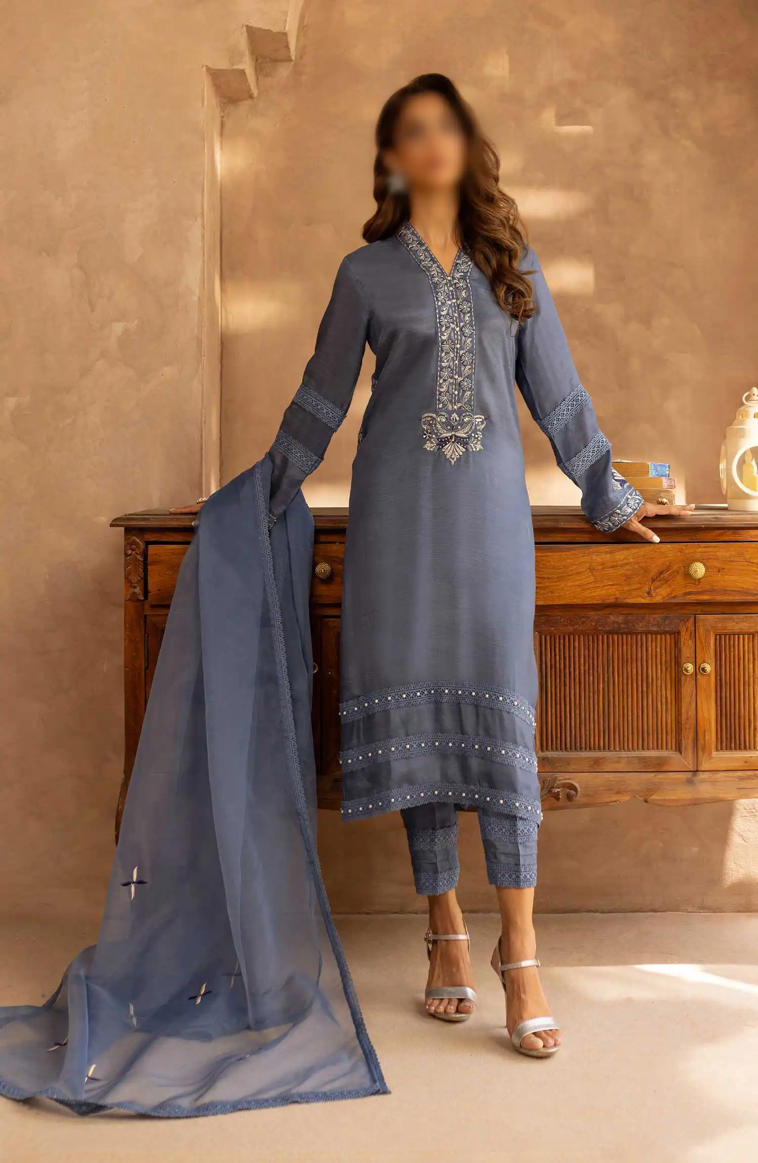 Merakish Zunairi Raw Silk Hand Work Embellished Collection - Moonslight blue