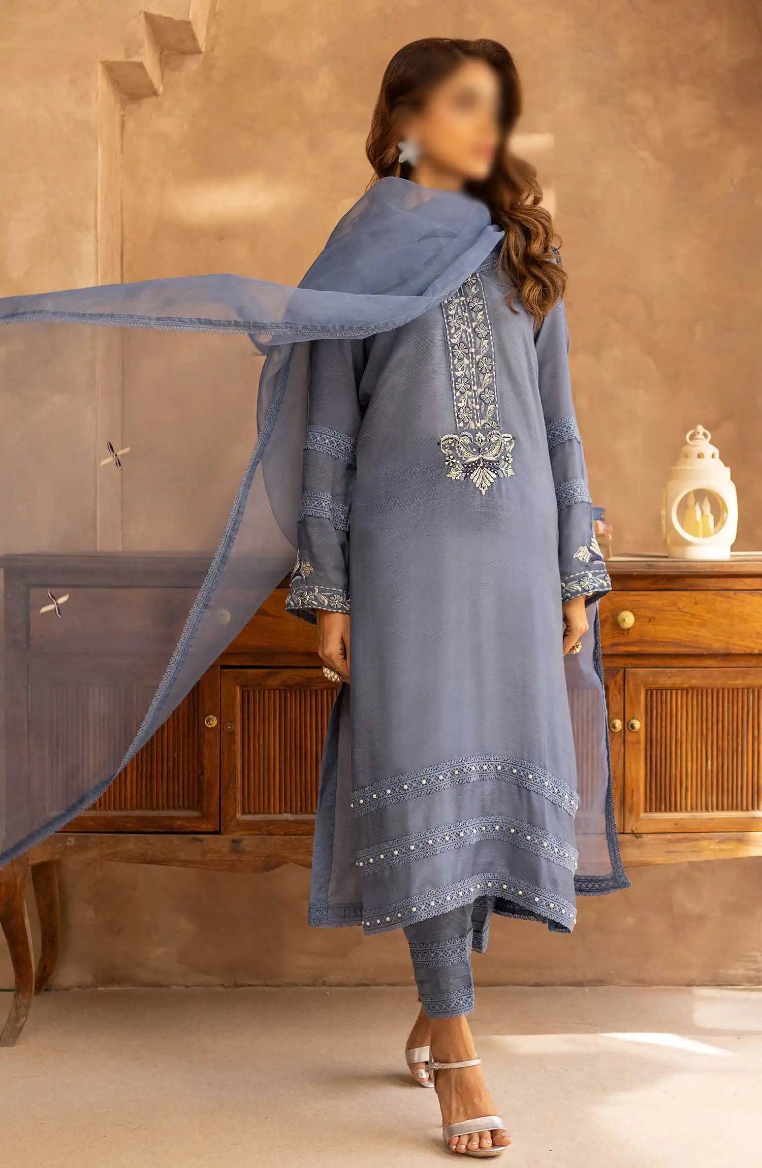 Merakish Zunairi Raw Silk Hand Work Embellished Collection - Moonslight blue