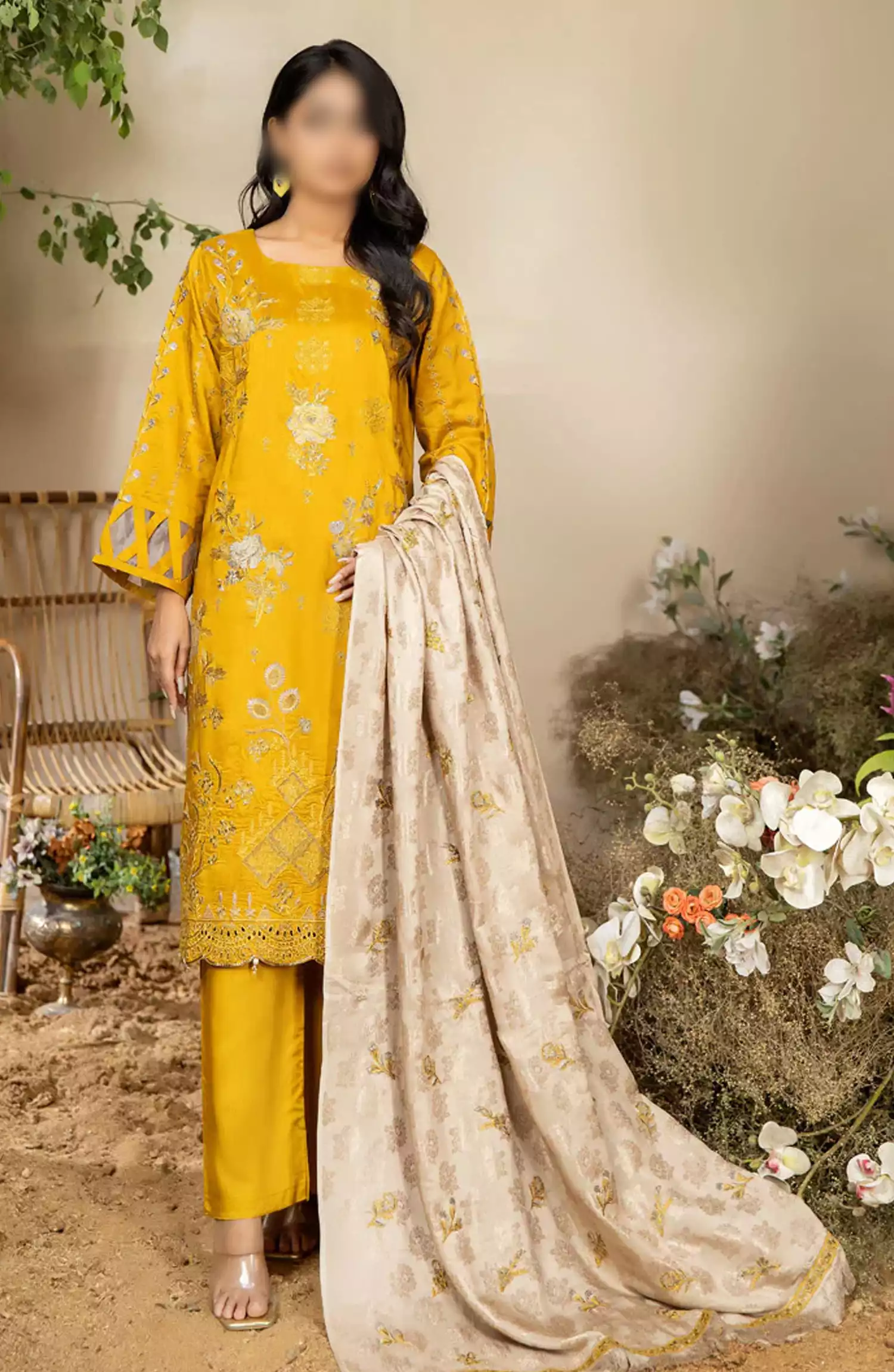 Marjjan Dyed Silk Viscose Embroidered Collection - MV-262 (MUSTARD