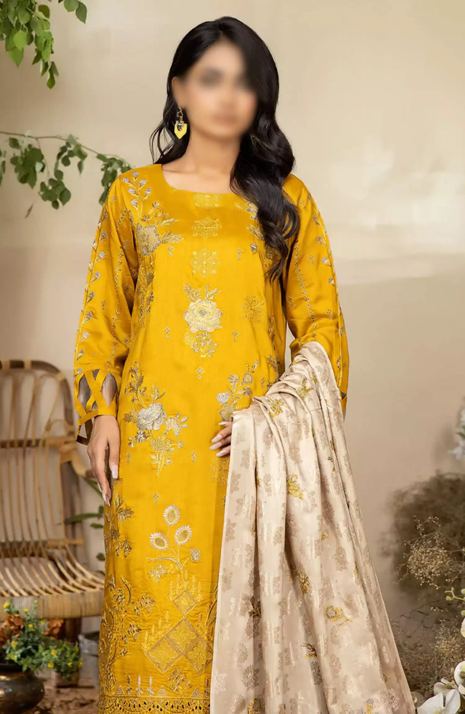 Marjjan Dyed Silk Viscose Embroidered Collection - MV-262 (MUSTARD