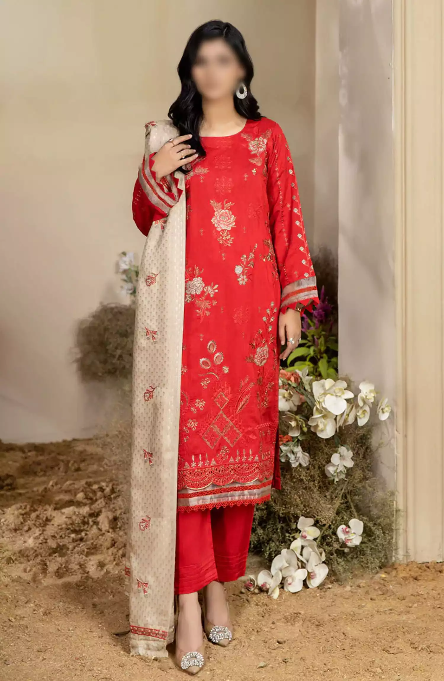 Marjjan Dyed Silk Viscose Embroidered Collection - MV-262 (RED)