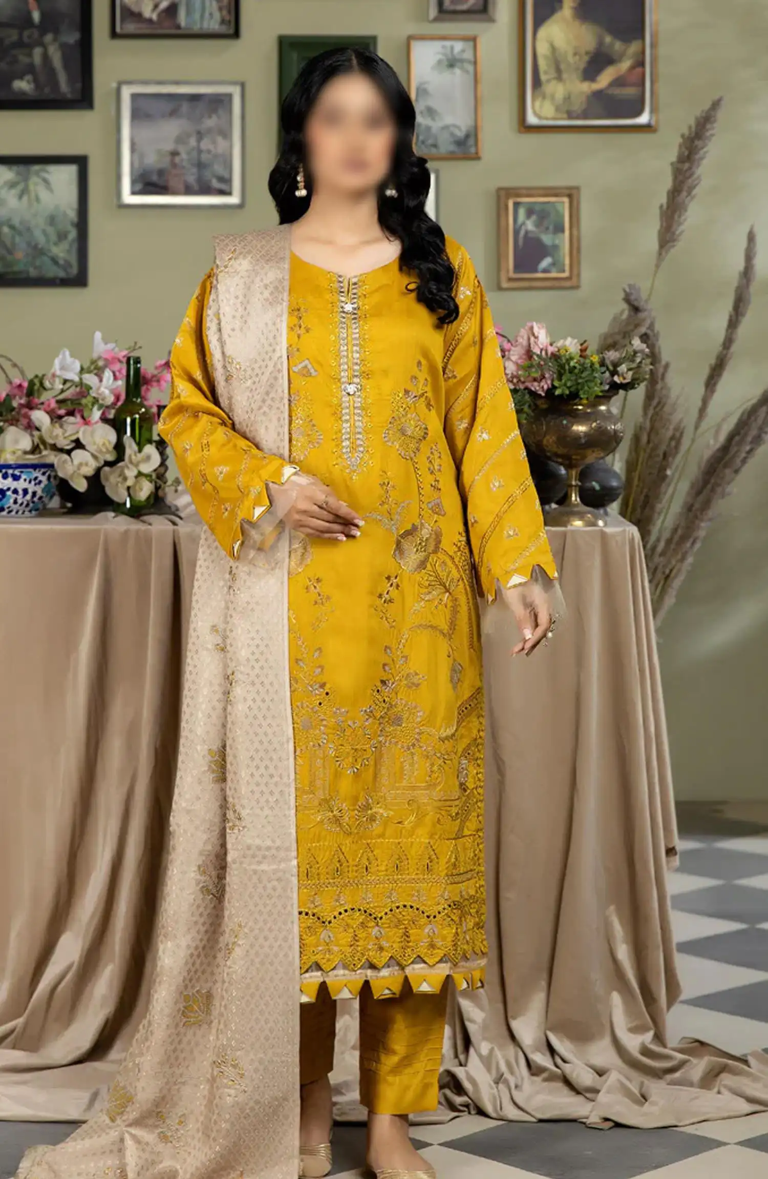 Sequins Embroidered Silk Viscose Collection Shawl by Marjjan - MV-263 (MUSTARD)