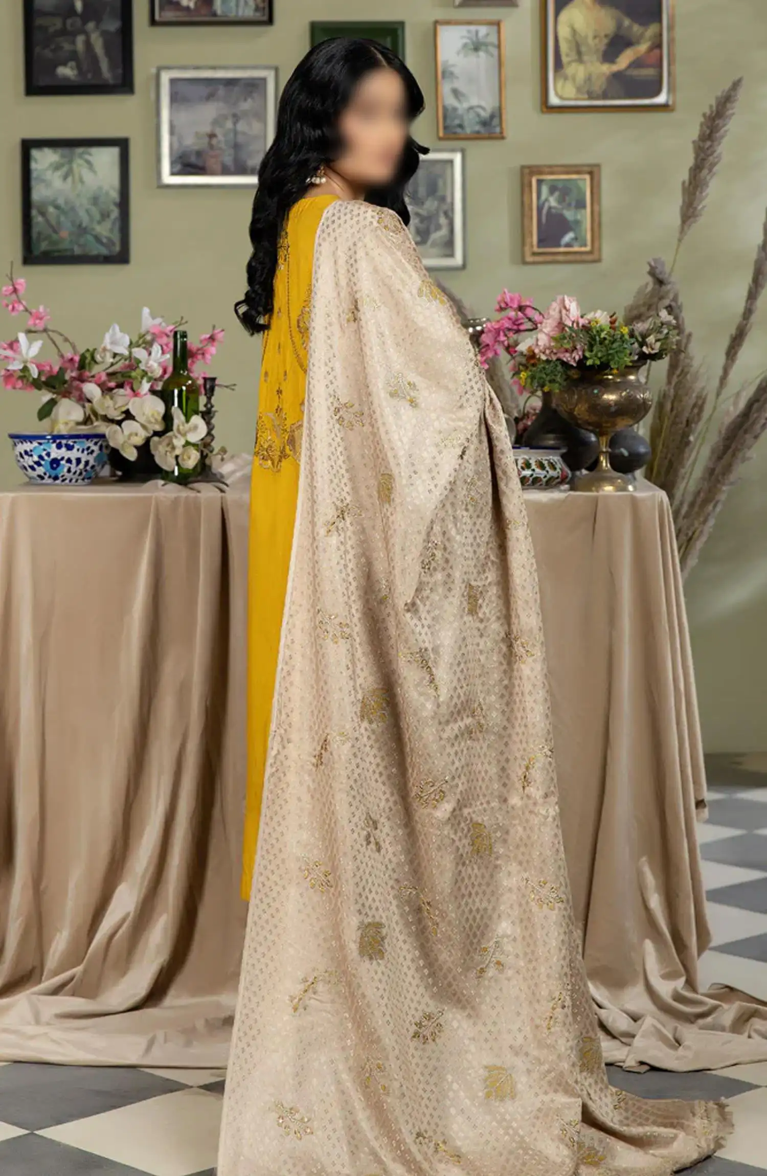 Sequins Embroidered Silk Viscose Collection Shawl by Marjjan - MV-263 (MUSTARD)