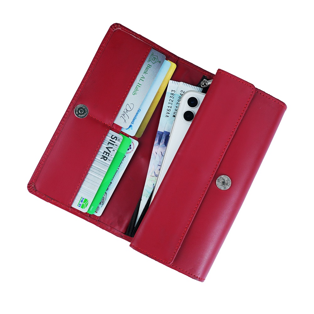 Women Round Stripe Leather Clutch Long Wallet PIPIN RED