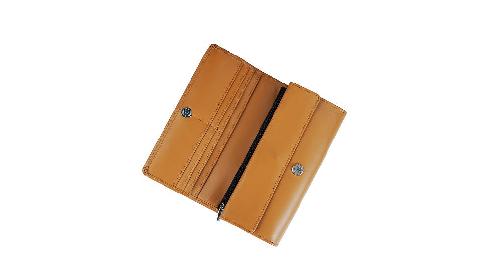 Women Round Stripe Leather Clutch Long Wallet PIPIN CAMEL 