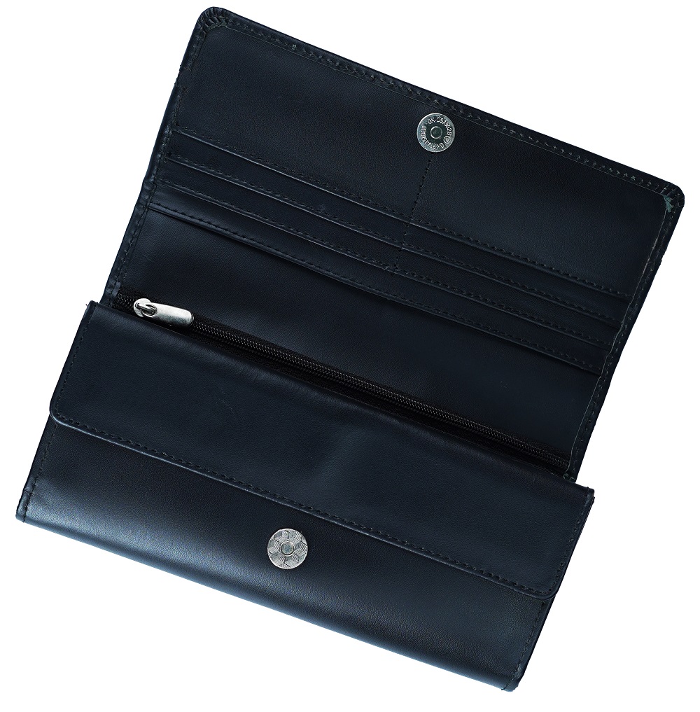 Women Round Stripe Leather Clutch Long Wallet PIPIN BLACK