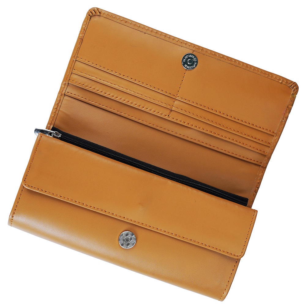 Women Round Stripe Leather Clutch Long Wallet PIPIN CAMEL 