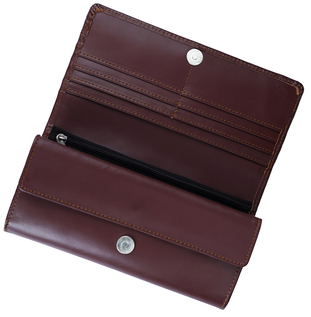 Women Round Stripe Leather Clutch Long Wallet PIPIN BURGUNDY 