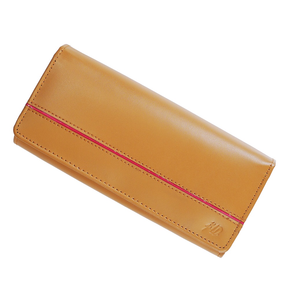 Women Round Stripe Leather Clutch Long Wallet PIPIN CAMEL 